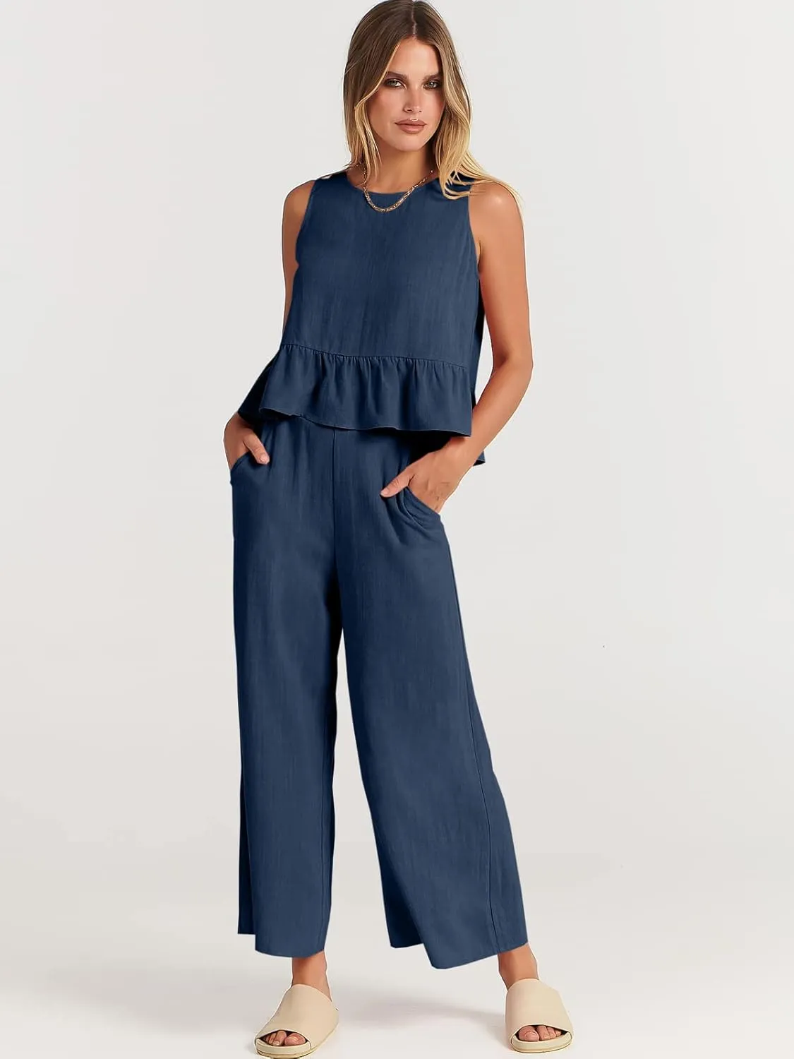 ANRABESS Women Summer 2 Piece Outfits Sleeveless Tank Crop Top Wide Leg Pants Linen Jumpsuits Lounge Matching Beach Sets