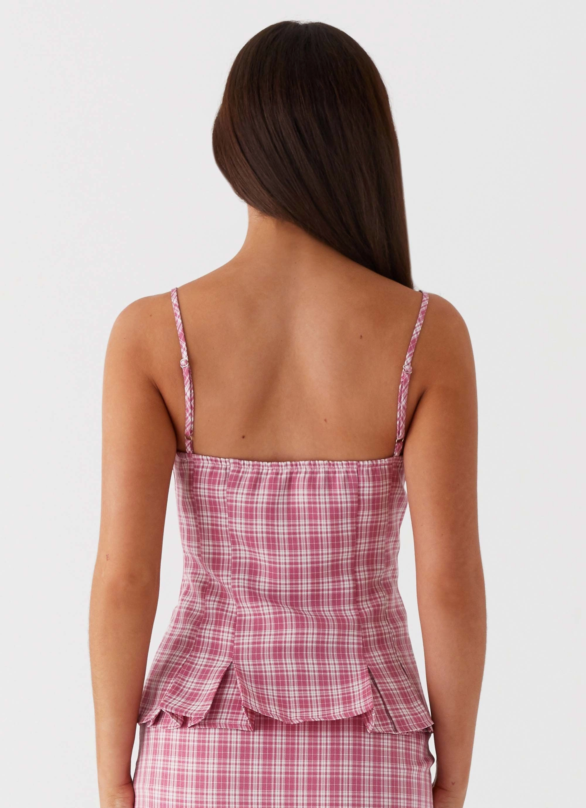 Mamita Ruched Top - Pink Check Convertible Neckline