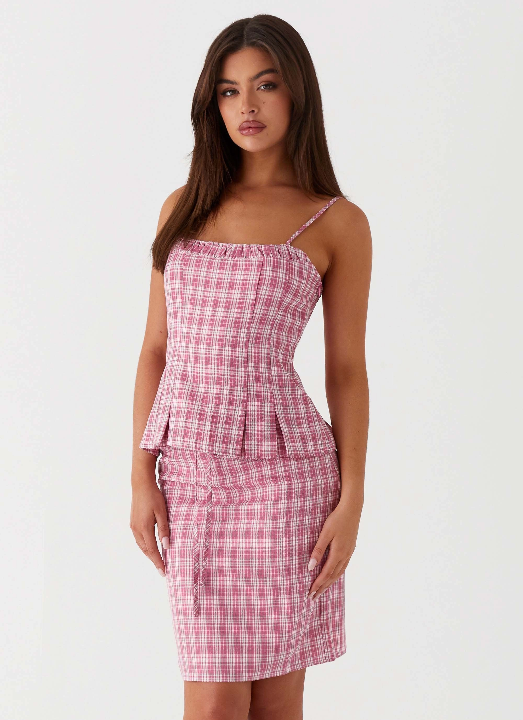 DoubleNeedle Stitching Mamita Ruched Top - Pink Check