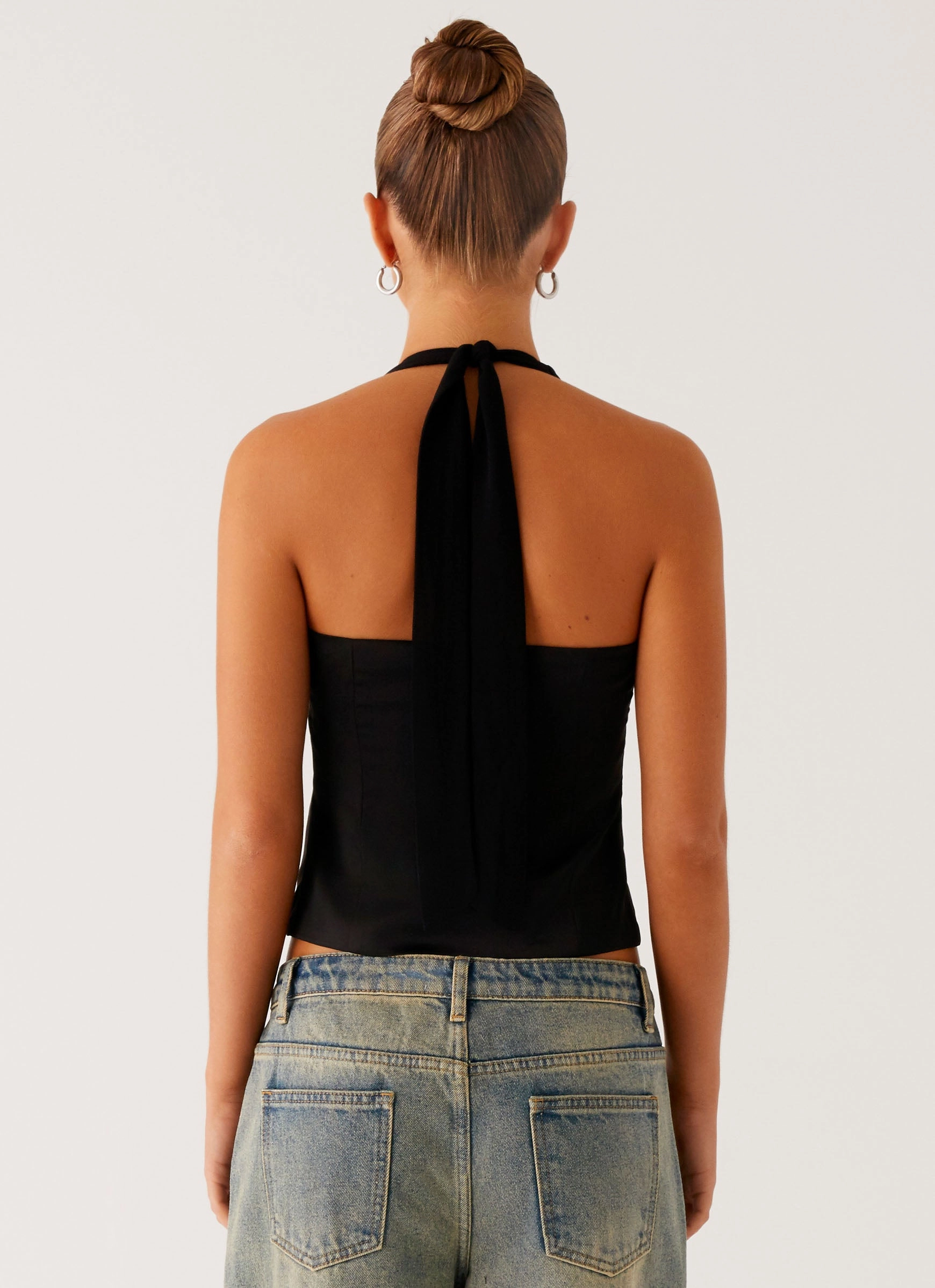 Lets Pretend Halterneck Top - Black Double Stitched Hem