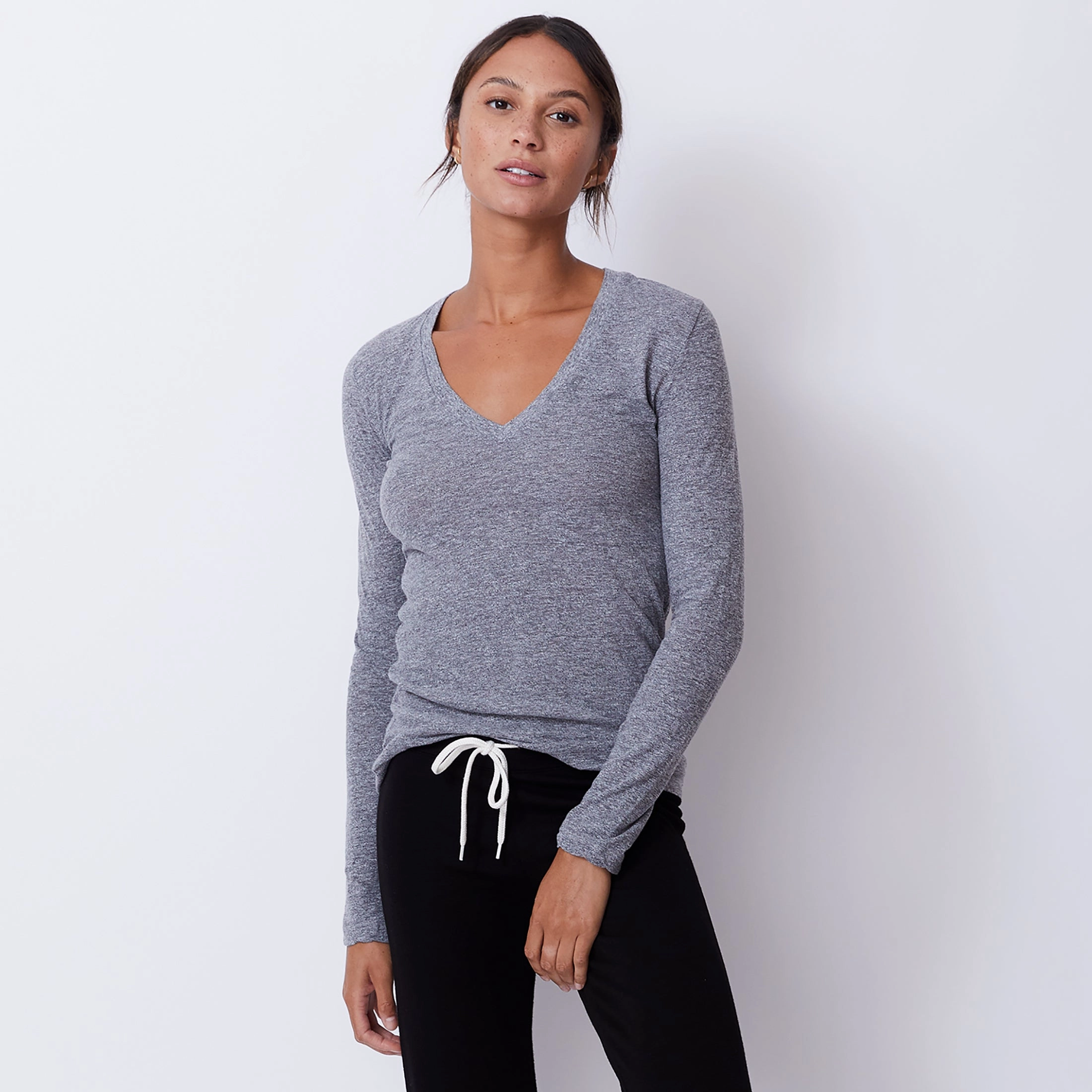 Textured Tri-Blend Fitted Long Sleeve V Neck Tee UltravioletProtectionFabric SeamlessKnitConstruction