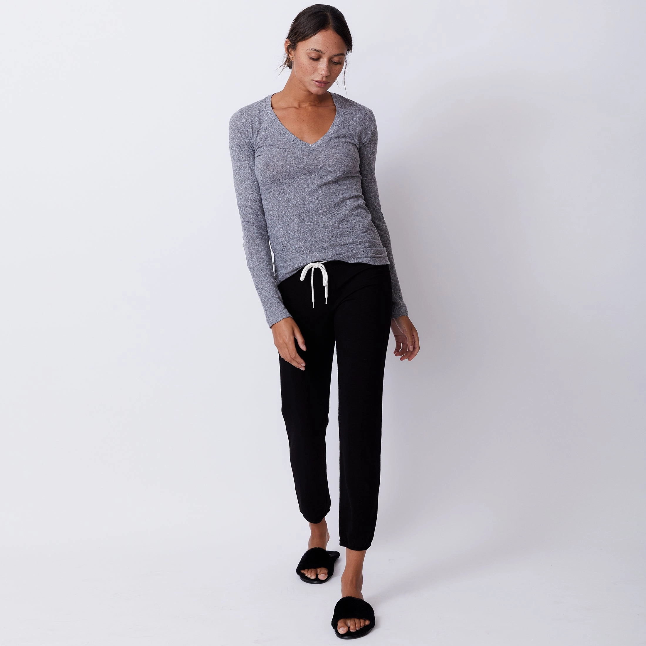 Trendy Shirt Textured Tri-Blend Fitted Long Sleeve V Neck Tee