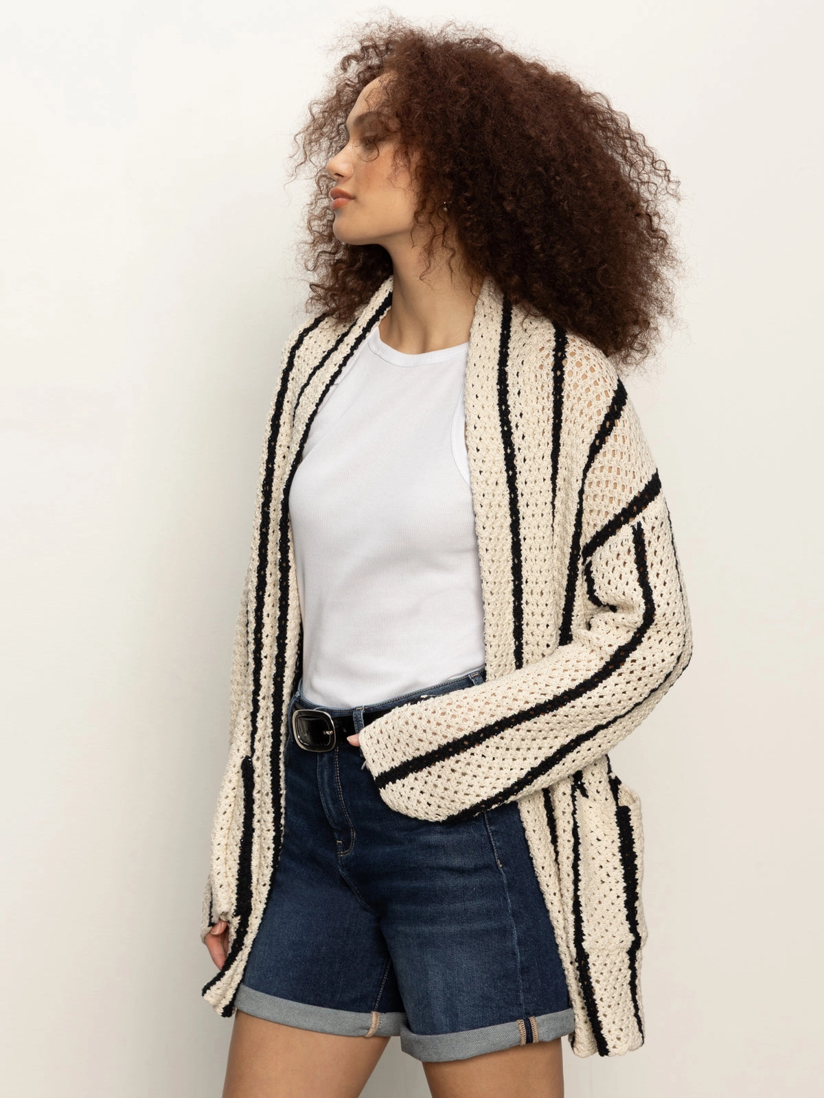 Openwork Beach Cardi Chalk Black Stripe Seasonal Wear