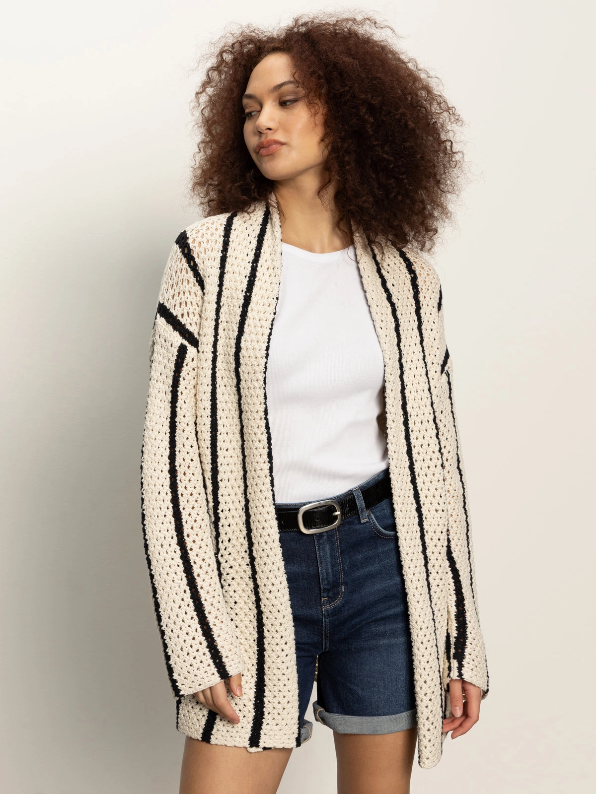 Circular Knit Sustainability Guide Warm Fabric Openwork Beach Cardi Chalk Black Stripe
