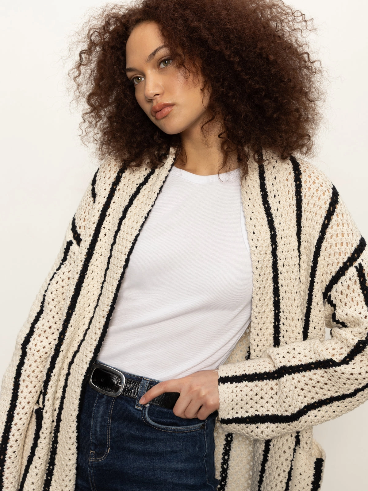 All Day Wear Openwork Beach Cardi Chalk Black Stripe