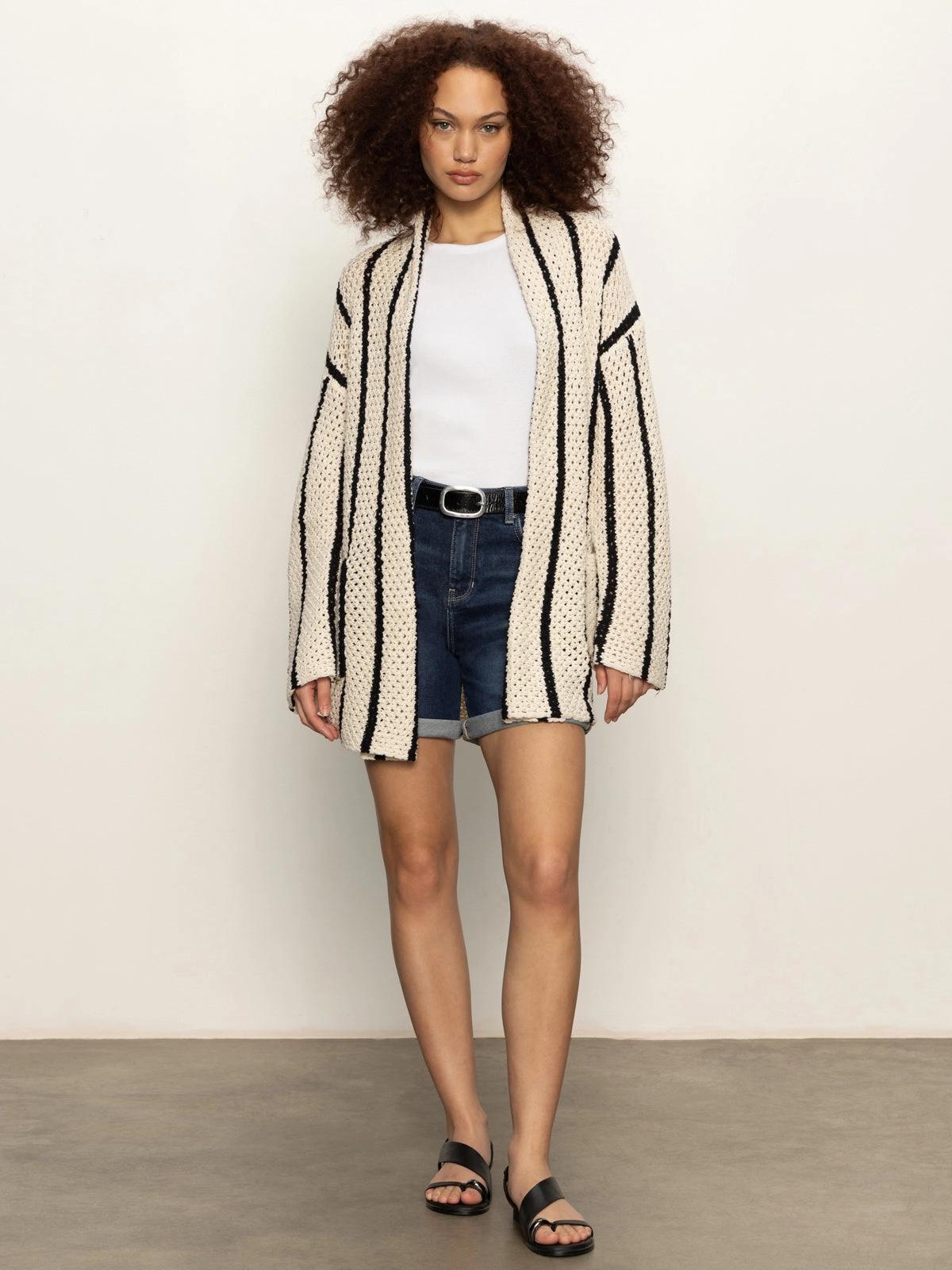 Openwork Beach Cardi Chalk Black Stripe Ultra Soft