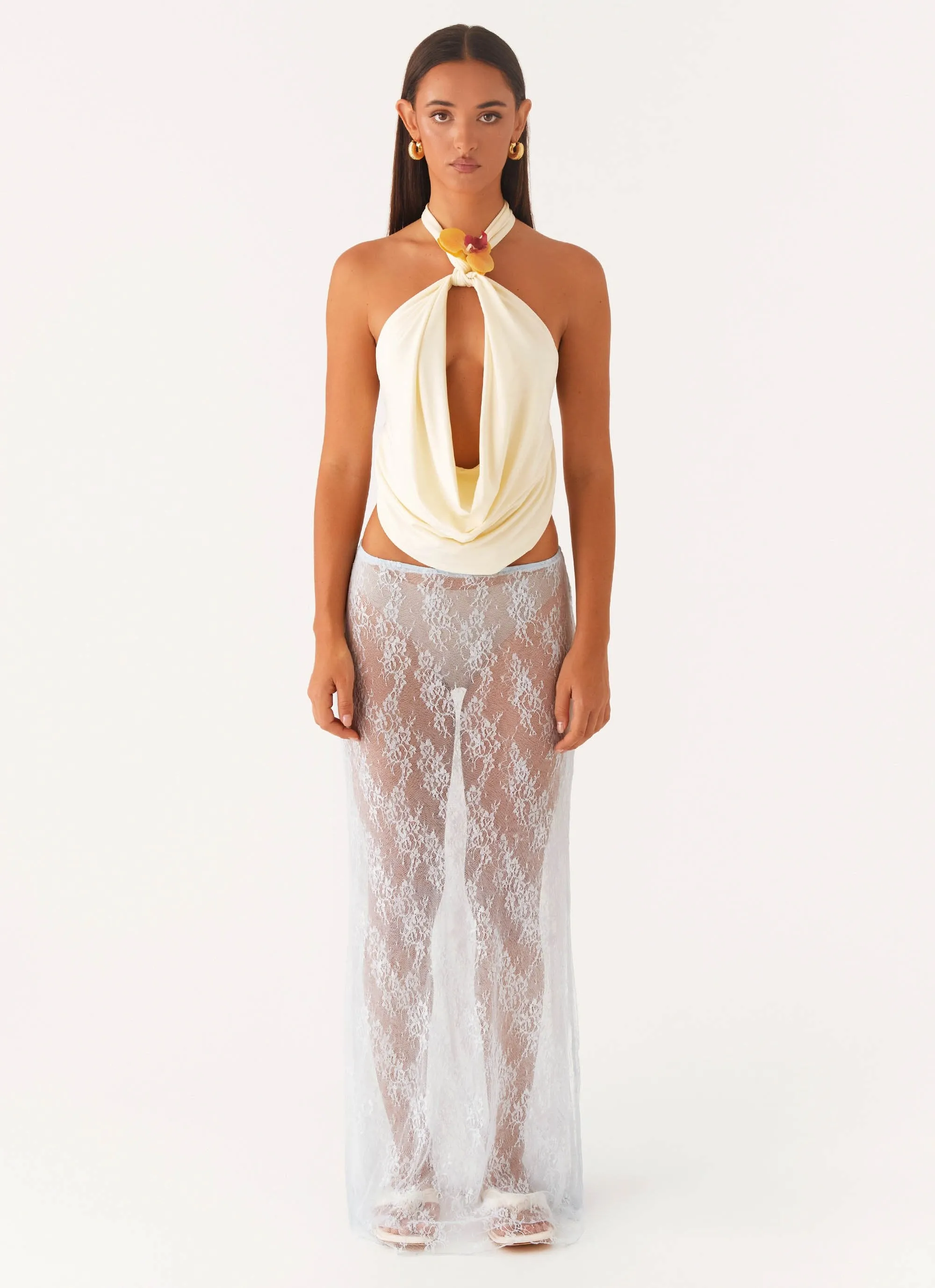 Adjustable Closure Perfect Comfort Fit Caden Lace Maxi Skirt - Blue