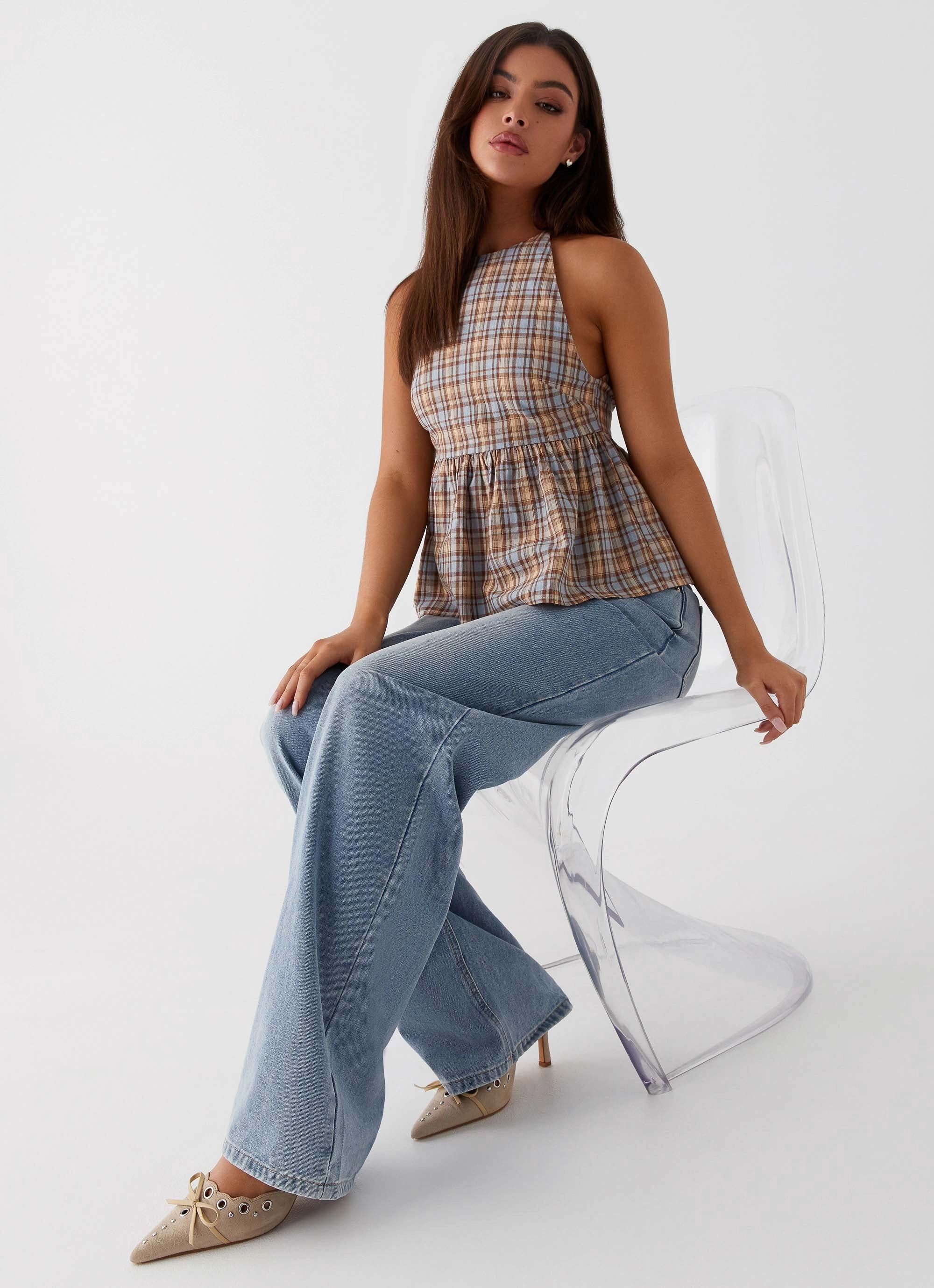 AntiSnagYarnProcessing AntiStaticFinish Tanith Ruffle Top - Brown Check