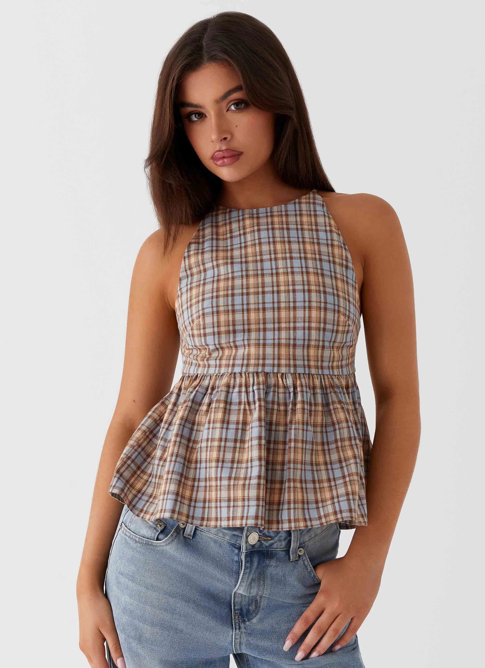 Flatlock Seam Technique StaticResistant Material Tanith Ruffle Top - Brown Check