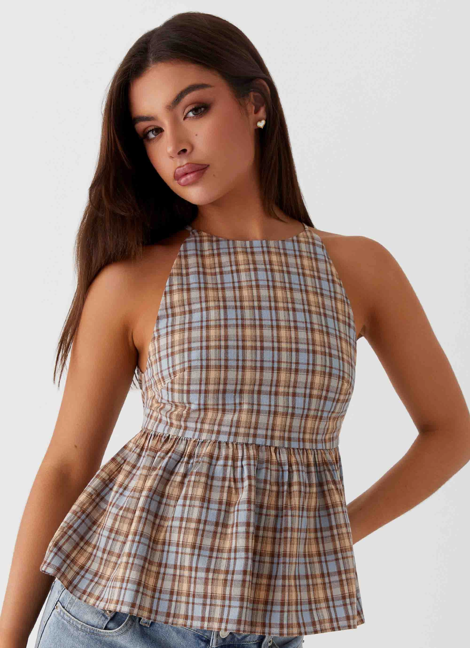 Convertible Sleeve Adaptation Tanith Ruffle Top - Brown Check