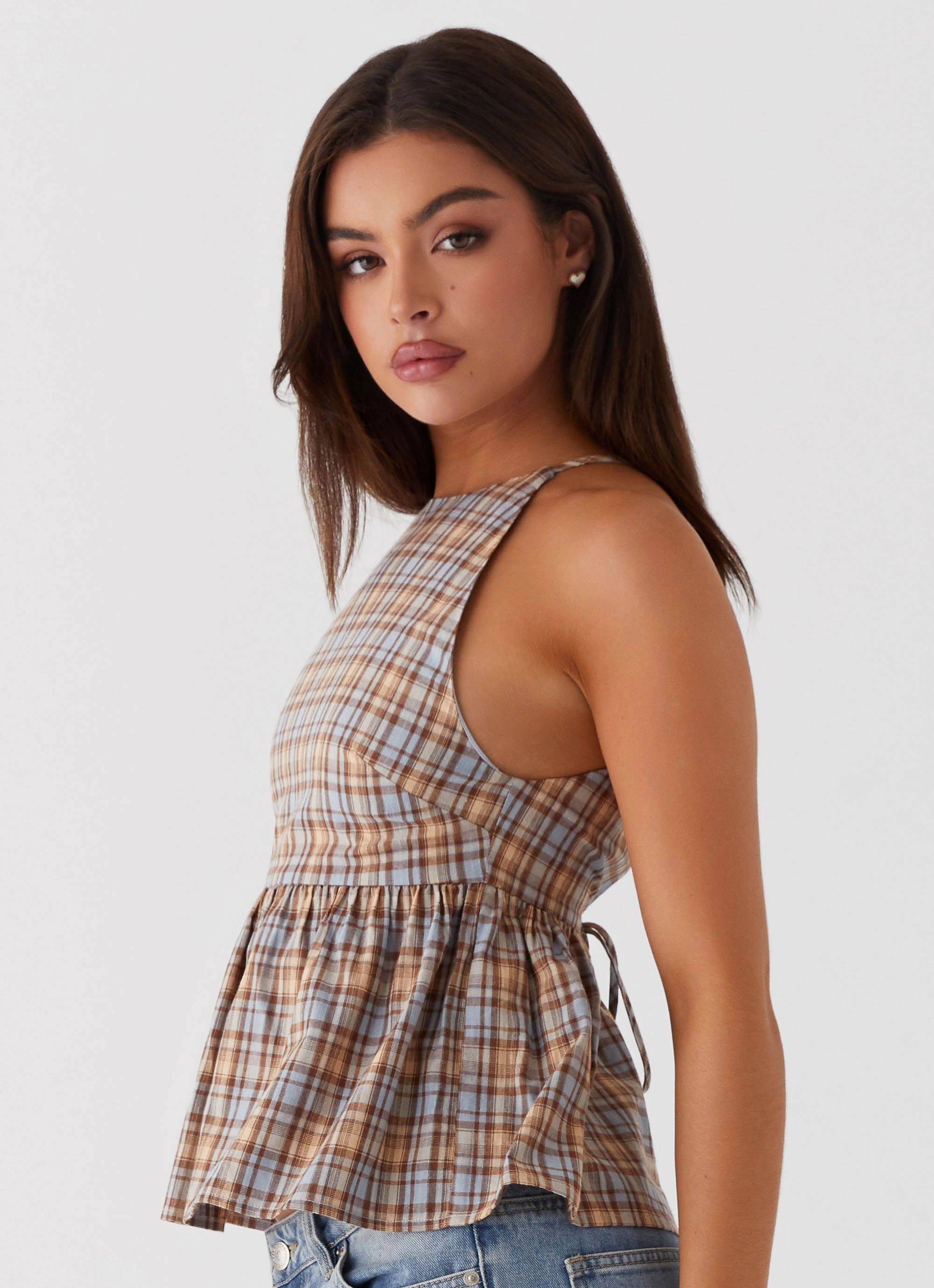 Tanith Ruffle Top - Brown Check Multipanel Construction Curved Hem