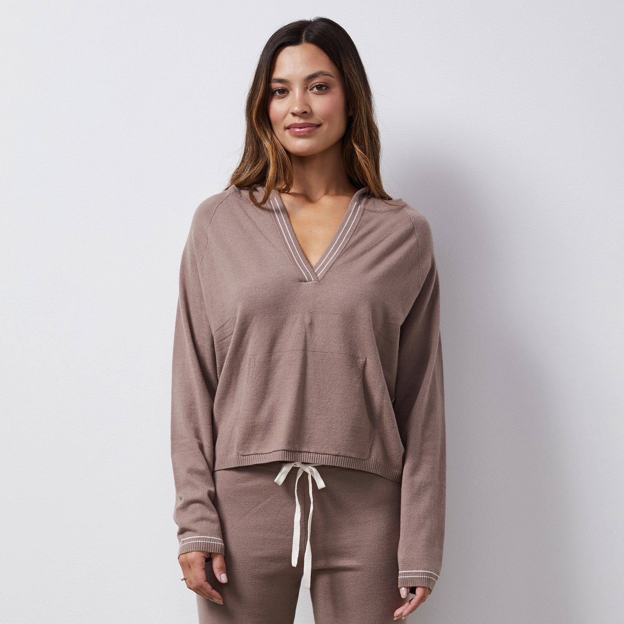 Light Soft Knit Contrast Stitch Hoody OversizedFit Relaxed Top