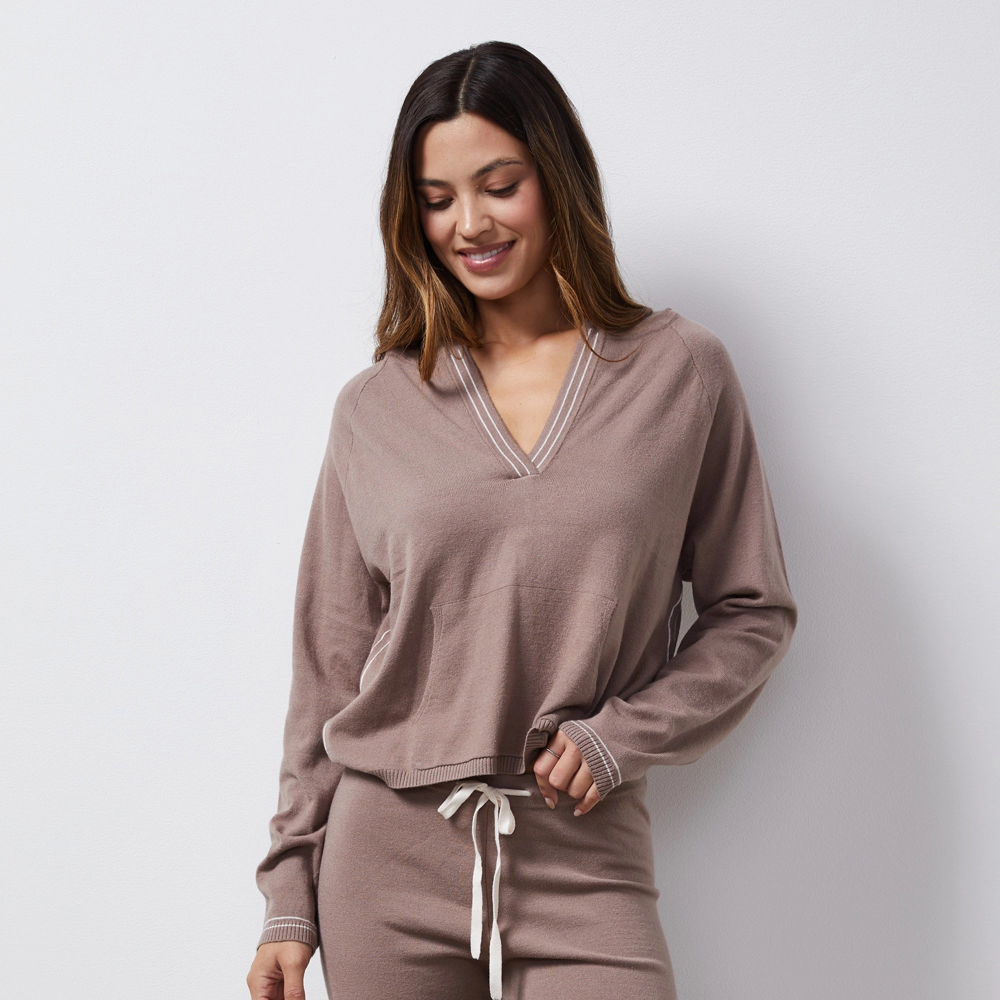 Light Soft Knit Contrast Stitch Hoody SeamlessConstruction Ethically Sourced Yarn