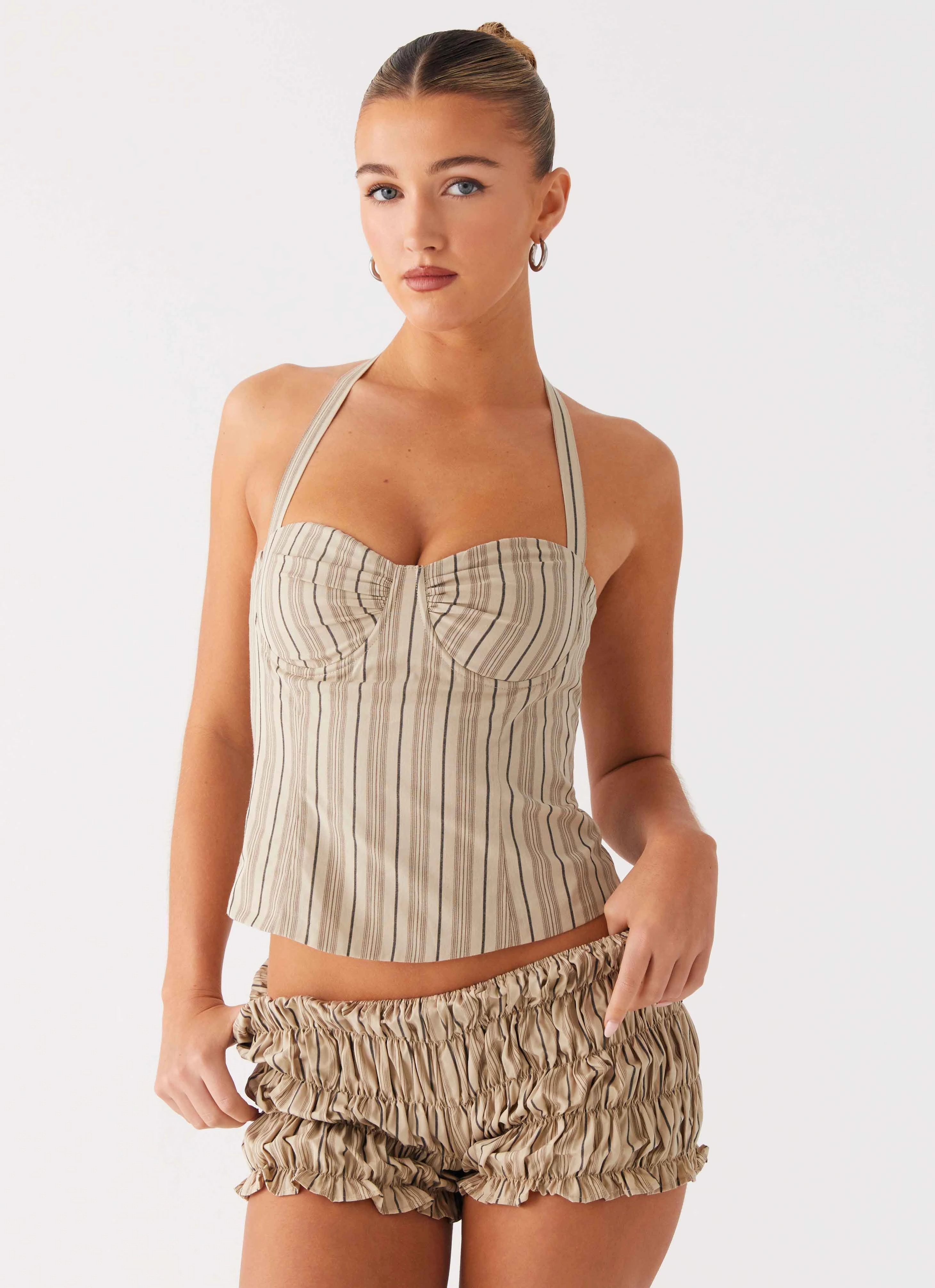 Cheryl Bustier Halter Top - Oatmeal Stripe Anti Microbial Lining TaglessComfort