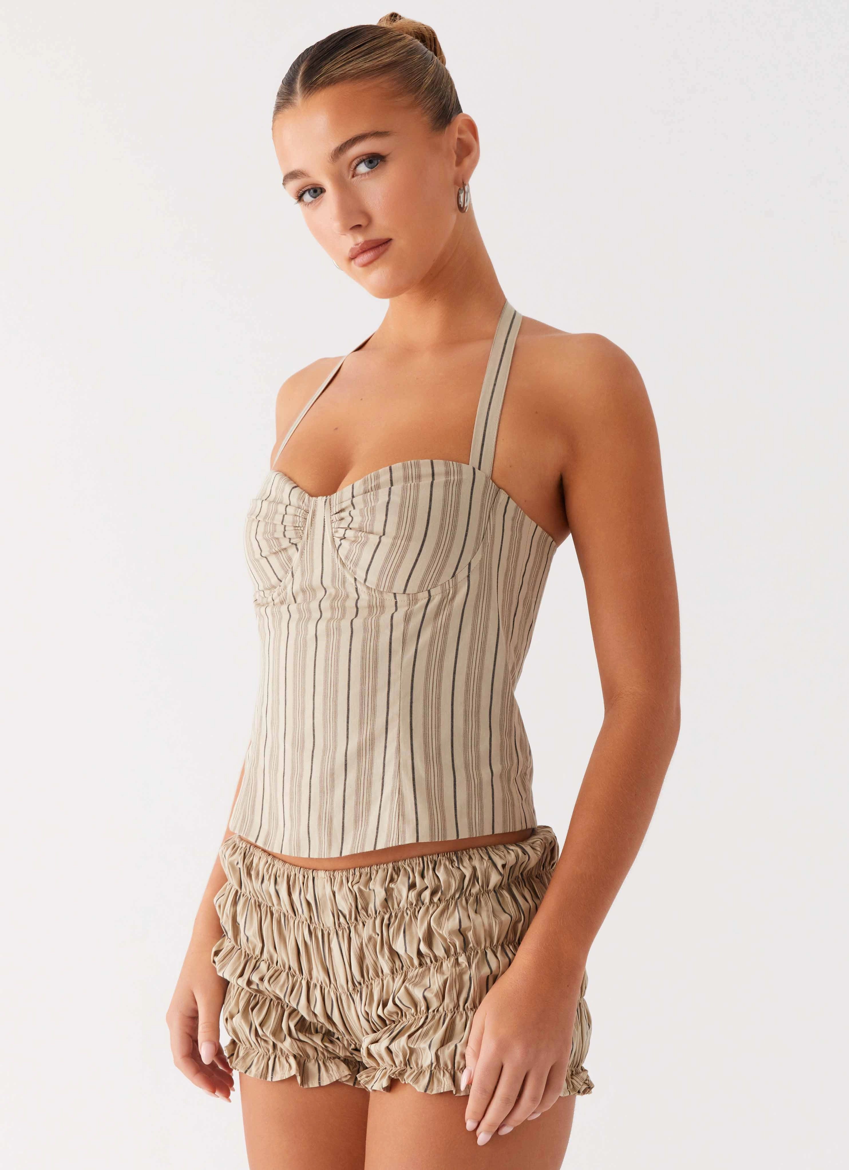 Buttery Soft Handfeel LowProfileZipperSystem Cheryl Bustier Halter Top - Oatmeal Stripe