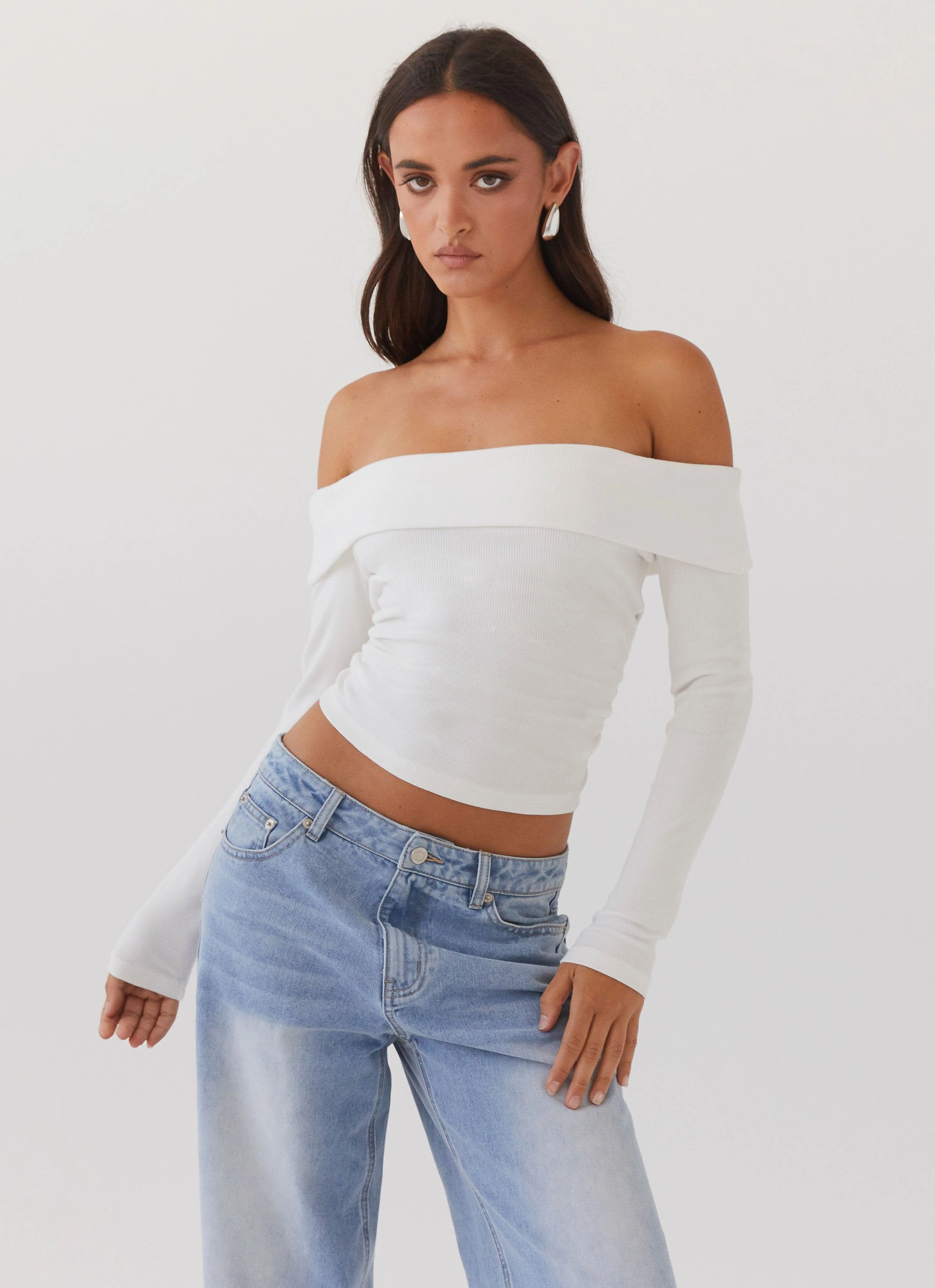 Double Layered Hem Hayley Long Sleeve Ribbed Top - White