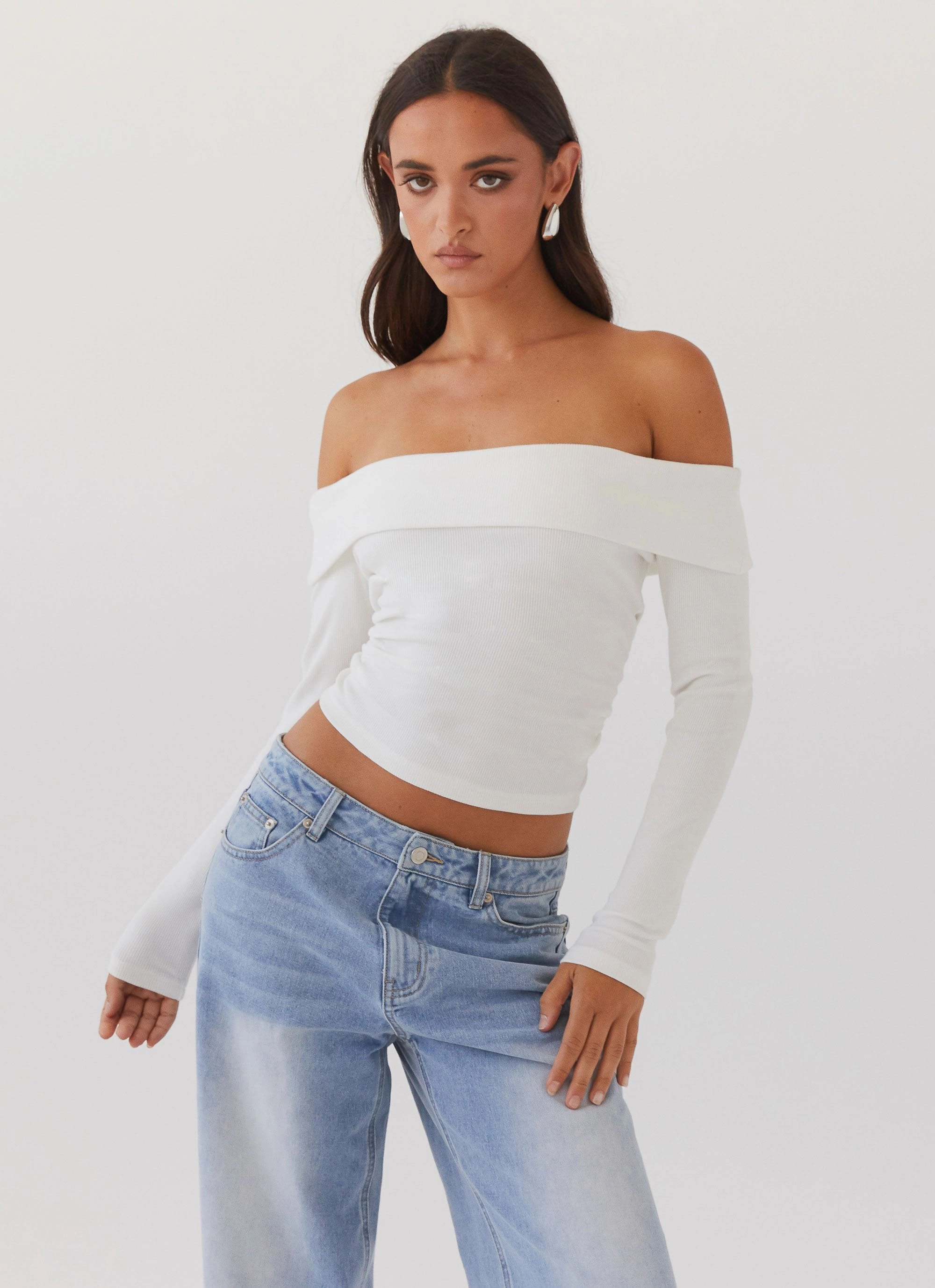 Reflective Trims Hayley Long Sleeve Ribbed Top - White