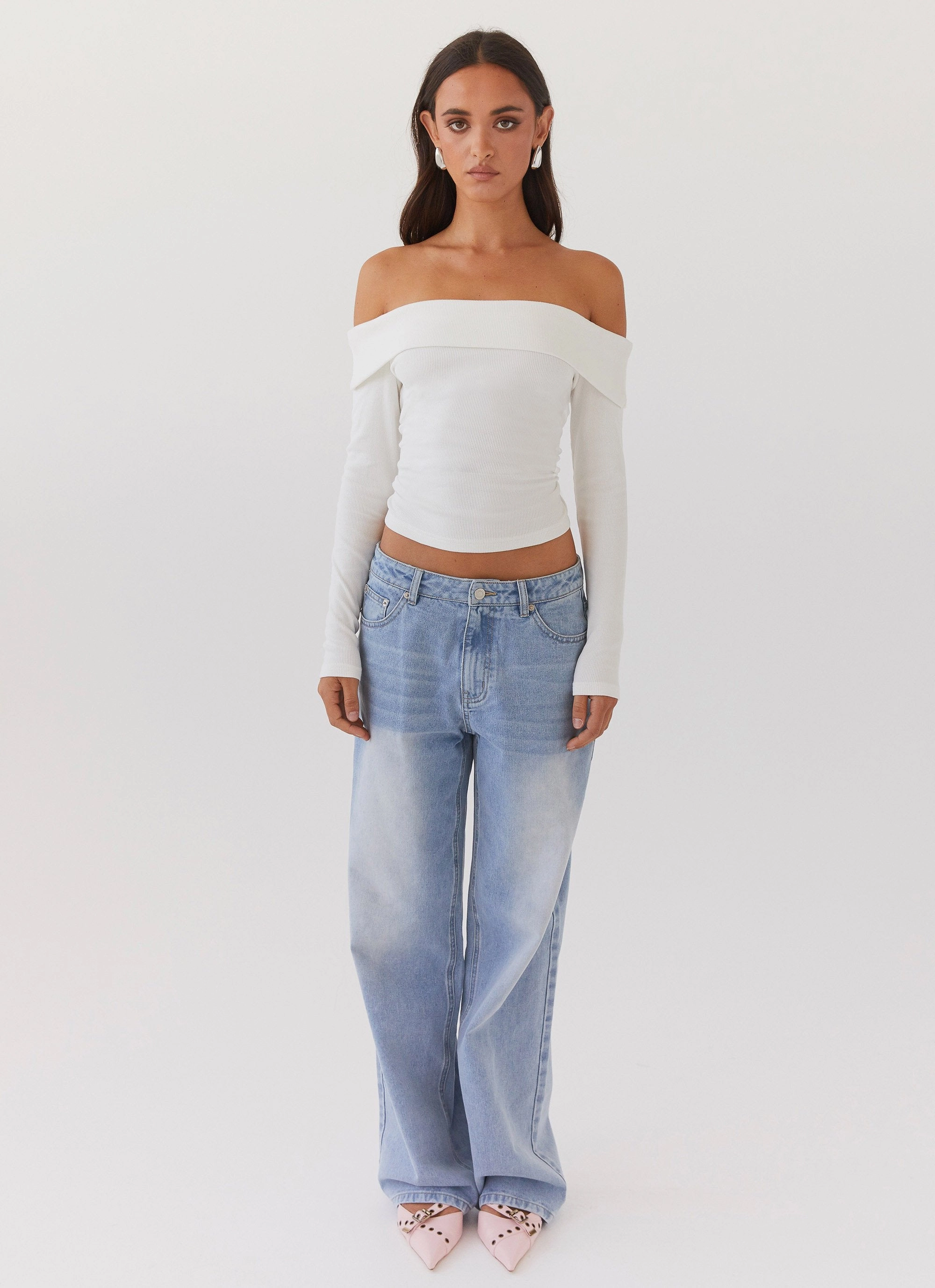 Hayley Long Sleeve Ribbed Top - White Layered Collar Design