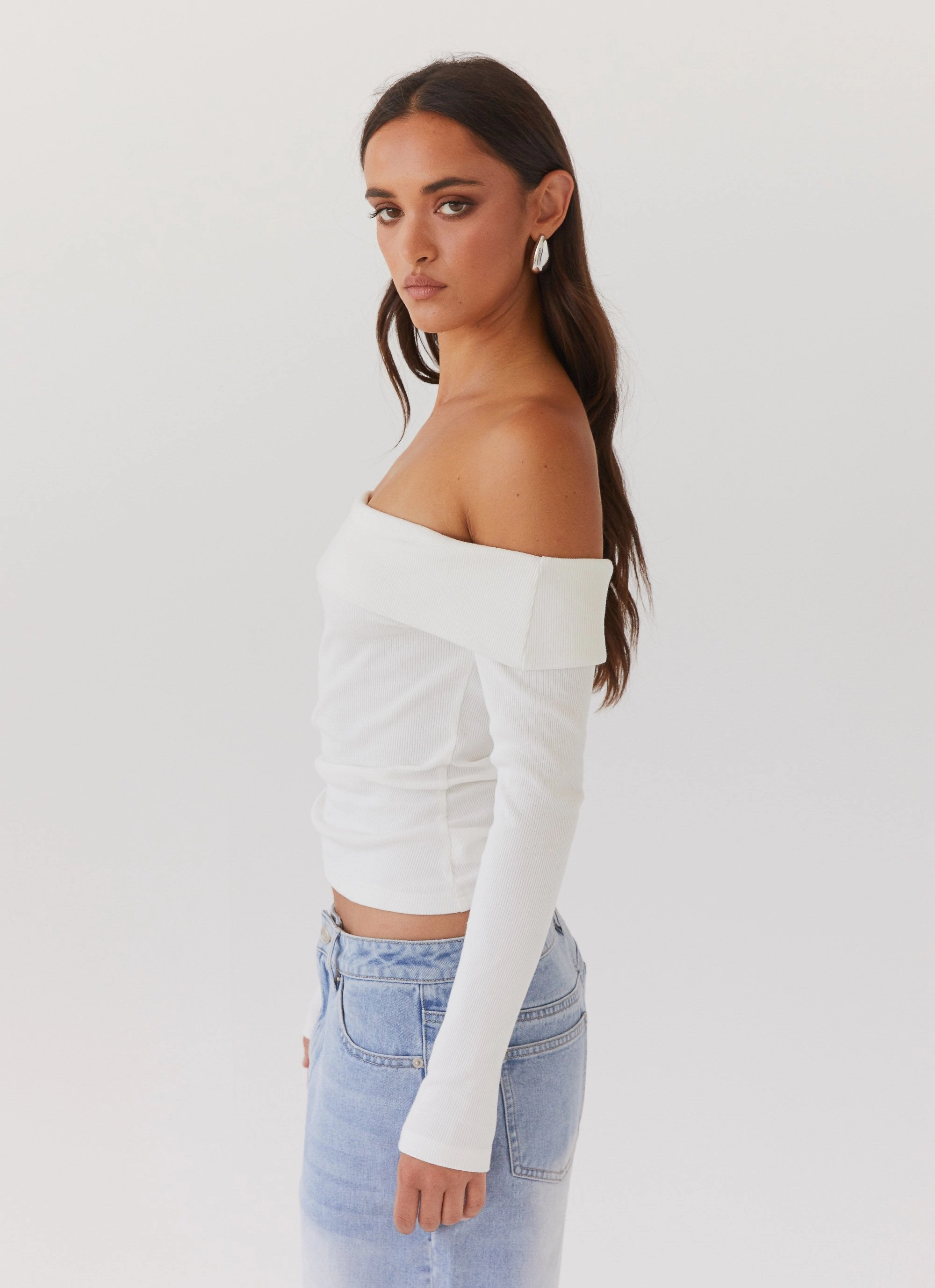 EasyCare Fabric Hayley Long Sleeve Ribbed Top - White