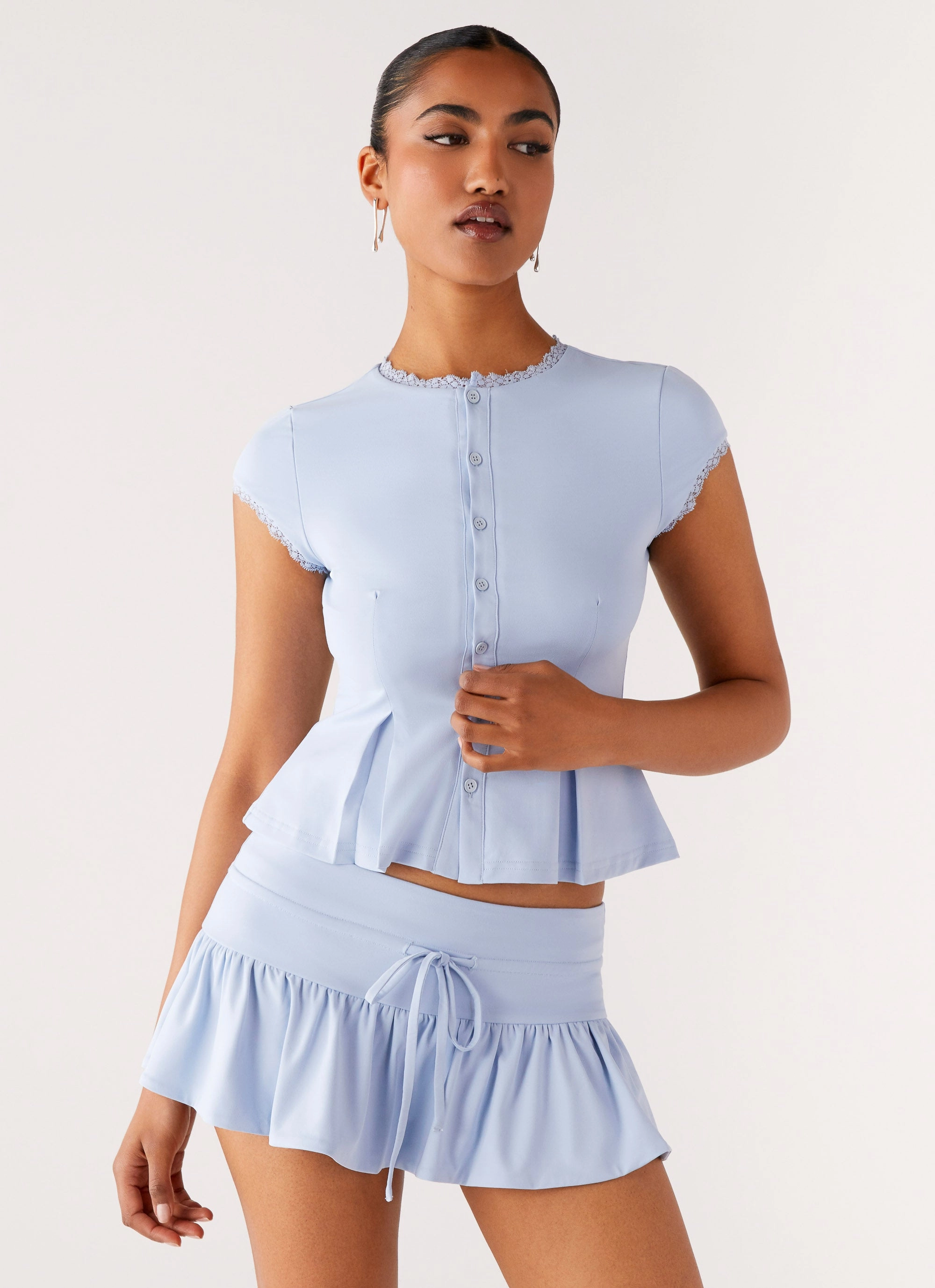 Landon Button Up Top - Blue DoubleStitchedHem