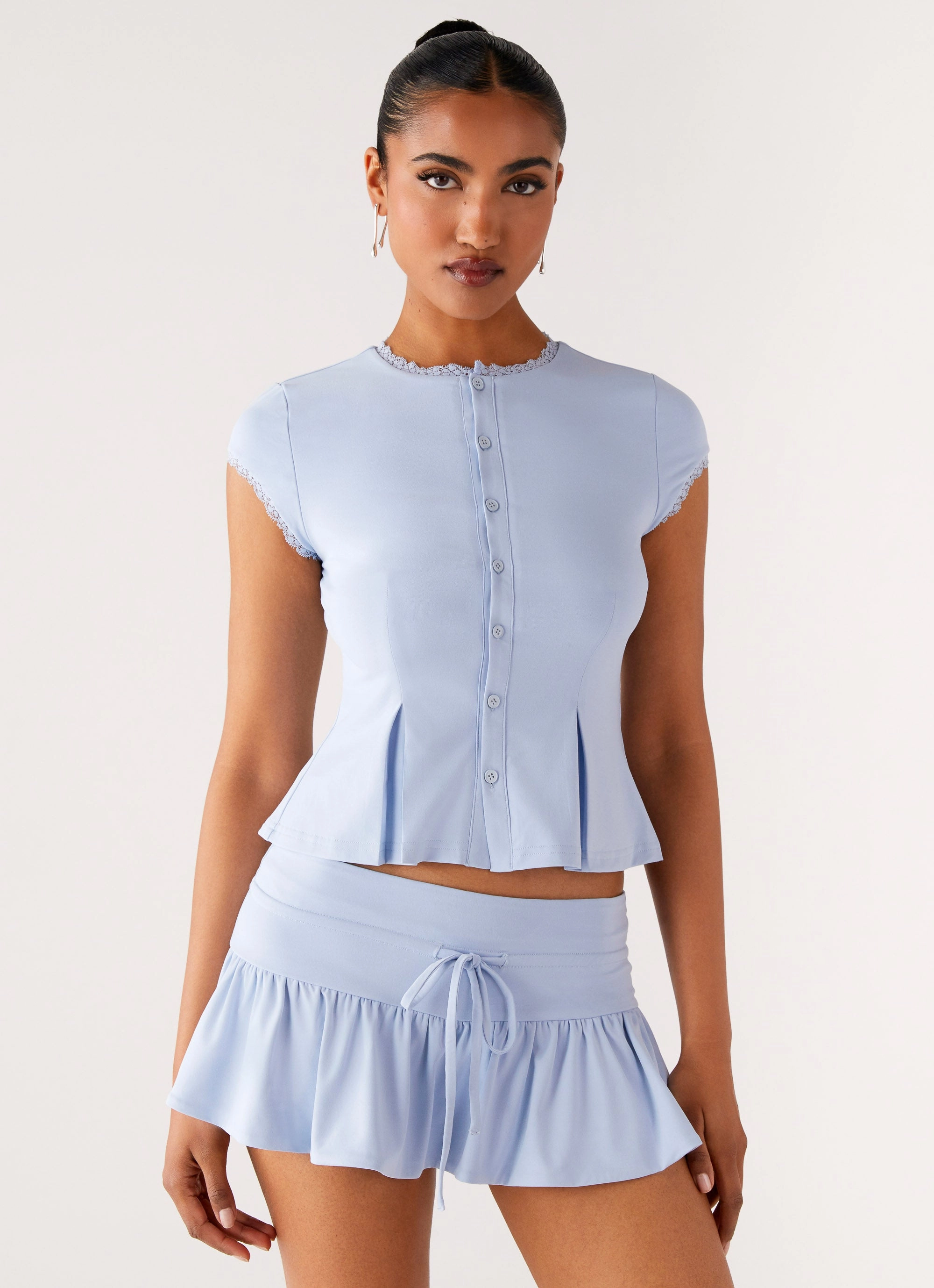 Drop Shoulder Design NonChafingTrim Landon Button Up Top - Blue