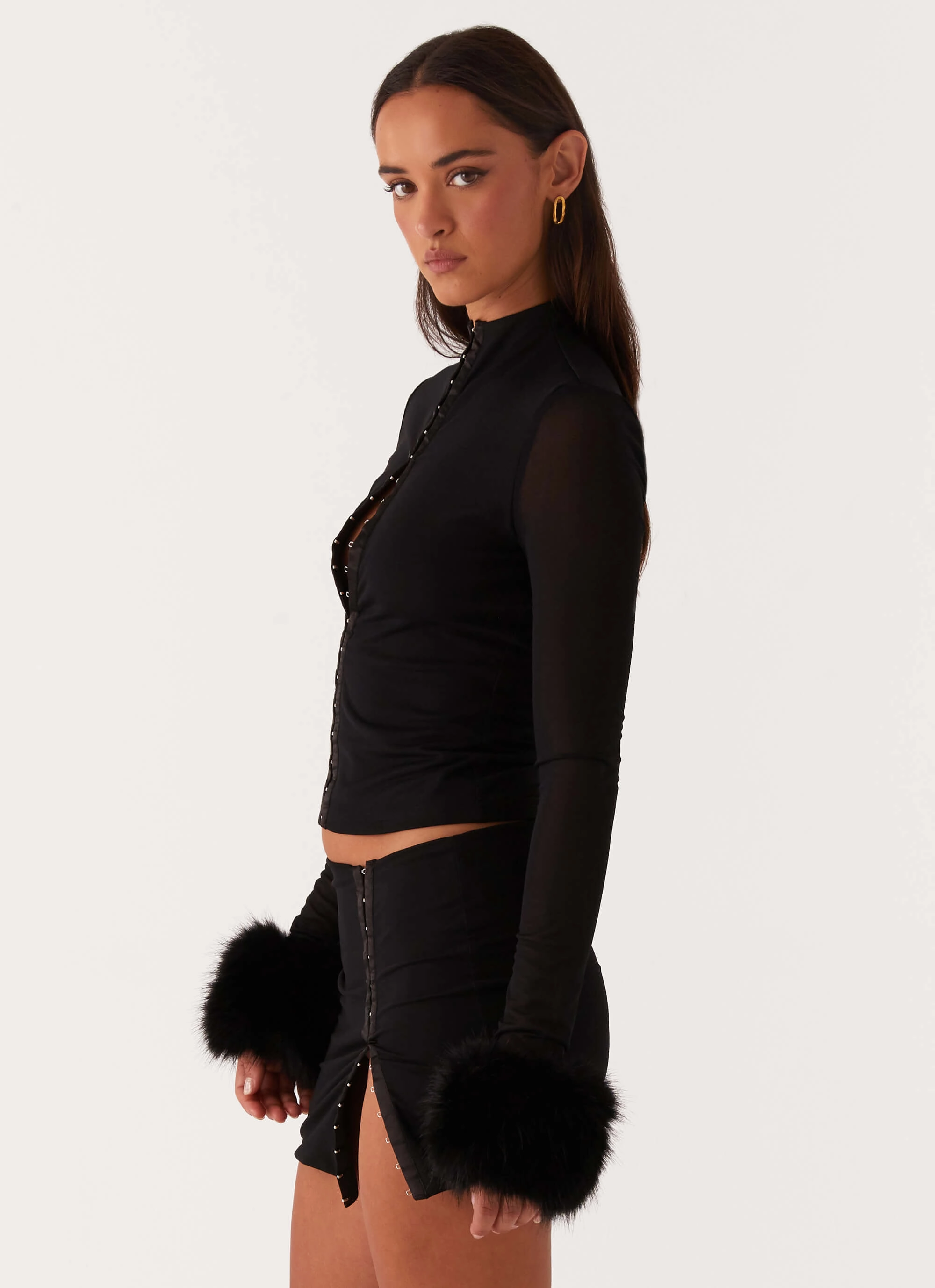 Tayanna Fur Trim Long Sleeve Top - Black ReinforcedEdges