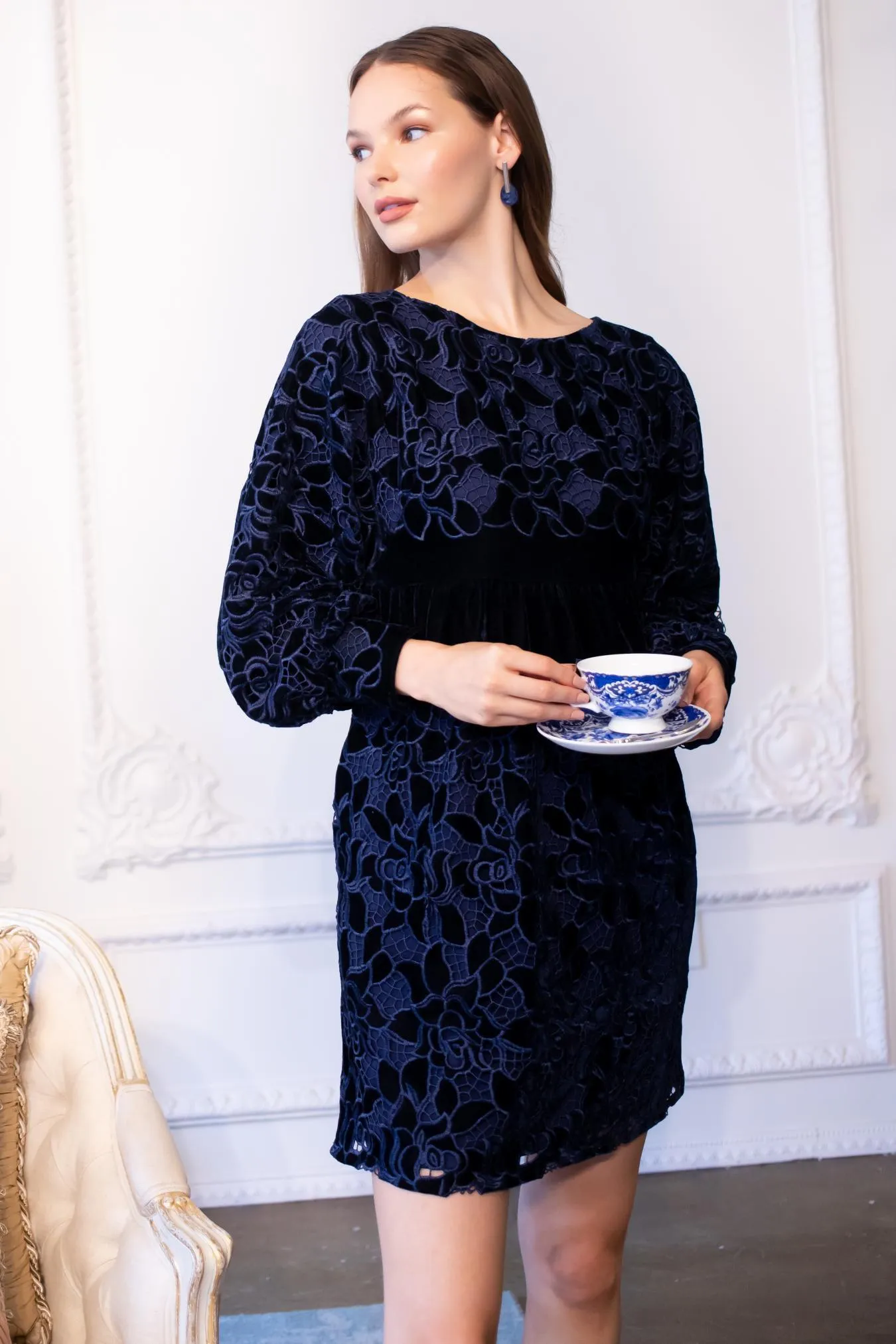 Antonia Dress - Navy Petal Velvet Hand-Wash Simple Profile