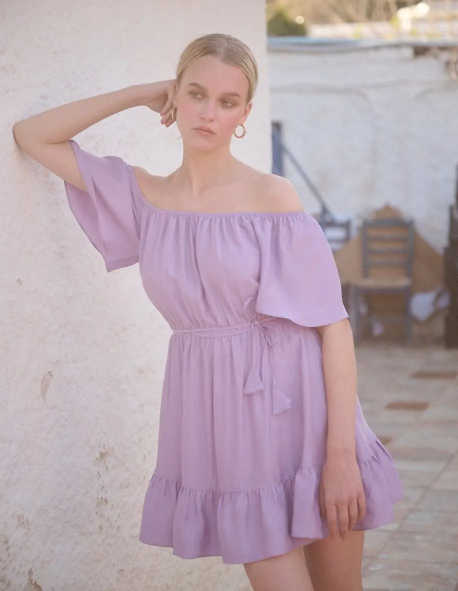 Aphrodite Off Shoulder Puff Sleeve Short Dress Lavender