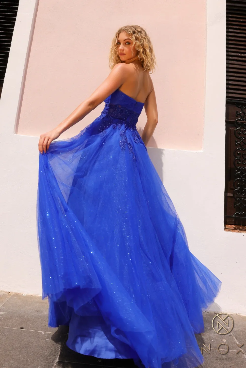 Applique Strapless A-line Glitter Dress_T1326