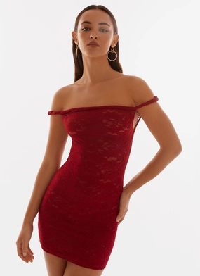 Arabella Lace Twist Shoulder Mini Dress - Red Relaxed Look Soft and Stylish Arabella Lace Twist Shoulder Mini Dress - Red
