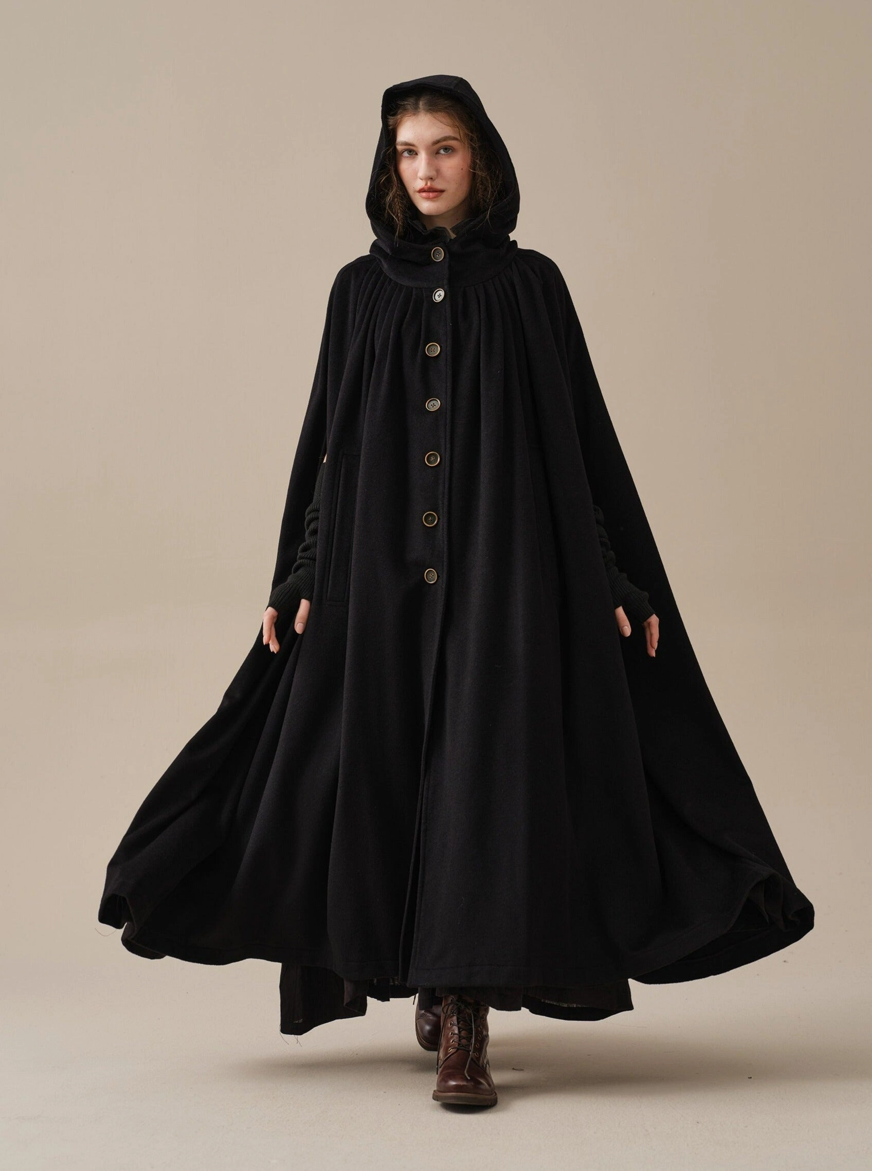 ARIEL 14 | HOODED WOOL CLOAK COAT Eco-friendly Sheer-Overlay