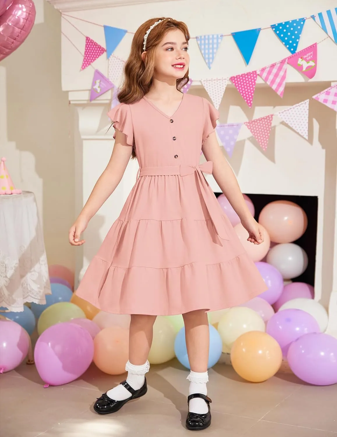 Arshiner Girls Dress Short Sleeve Summer V Neck Button Removable Belt Dresses with Pockets 5-12 Y