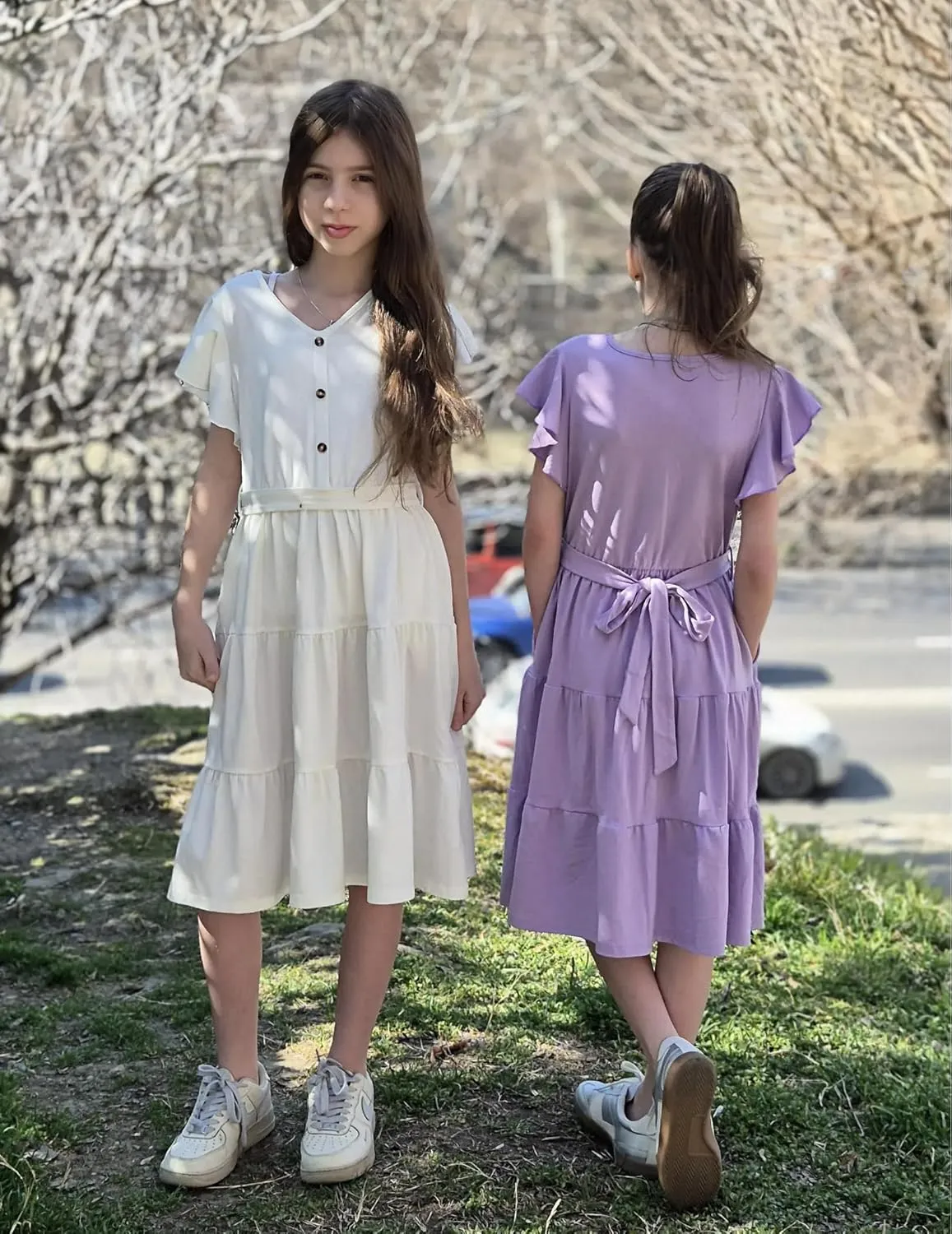Arshiner Girls Dress Short Sleeve Summer V Neck Button Removable Belt Dresses with Pockets 5-12 Y