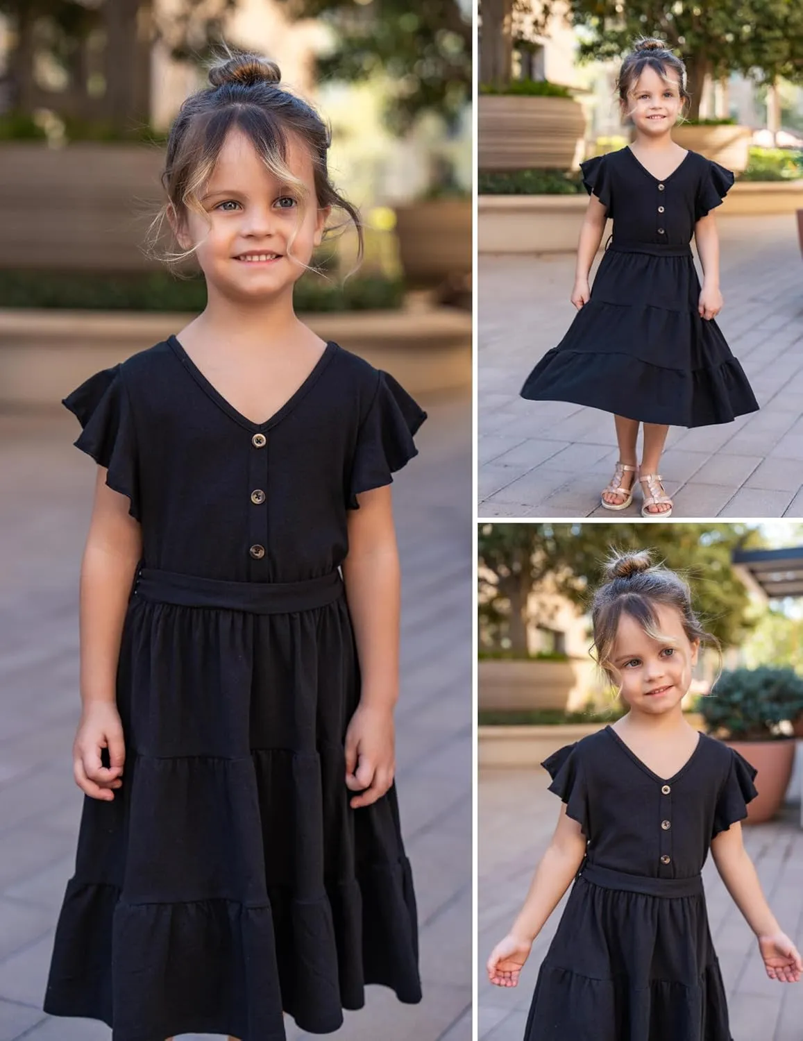 Arshiner Girls Dress Short Sleeve Summer V Neck Button Removable Belt Dresses with Pockets 5-12 Y