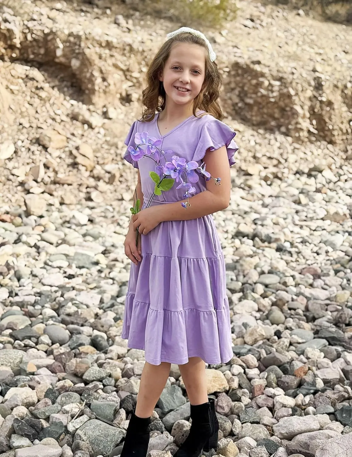 Arshiner Girls Dress Short Sleeve Summer V Neck Button Removable Belt Dresses with Pockets 5-12 Y