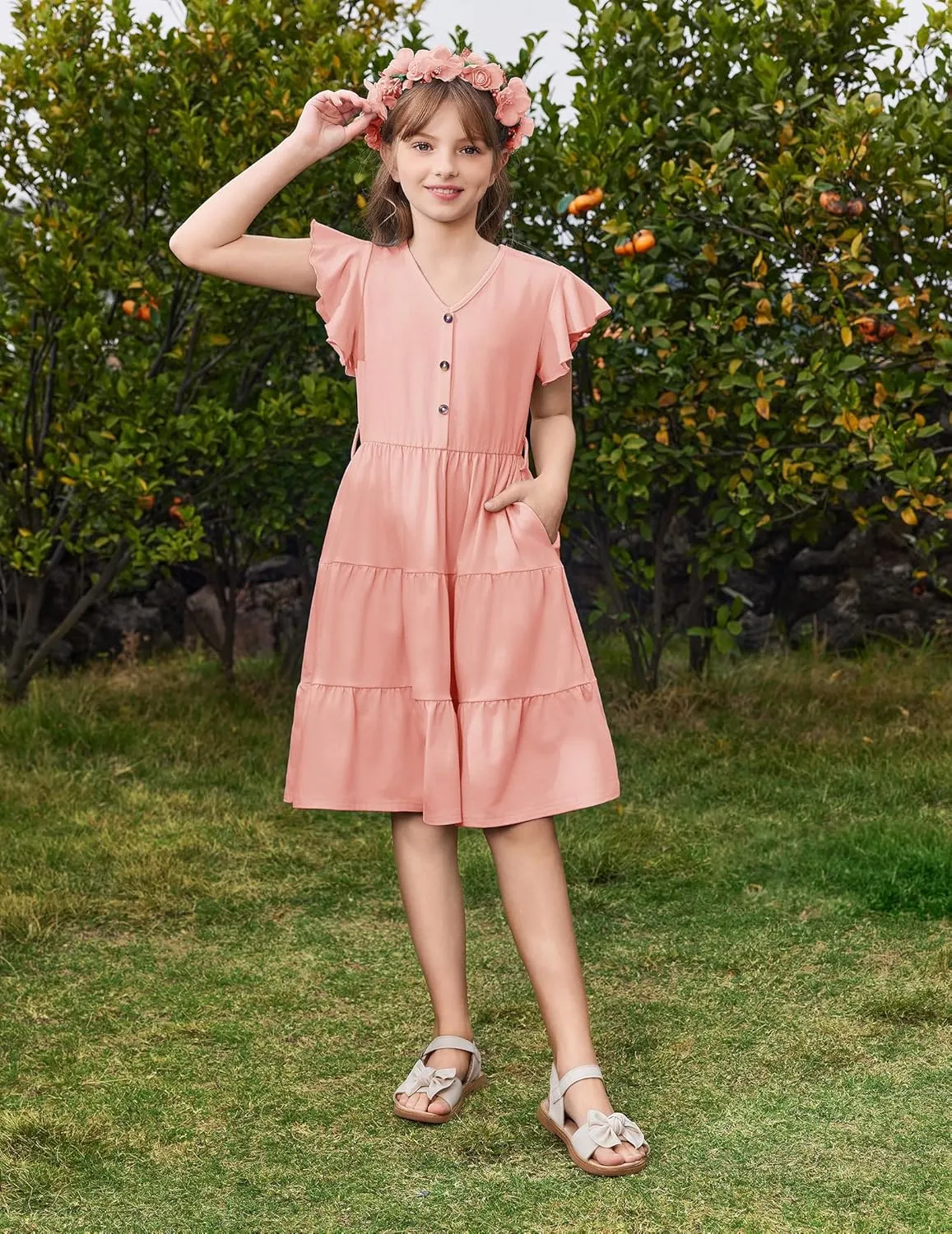 Arshiner Girls Dress Short Sleeve Summer V Neck Button Removable Belt Dresses with Pockets 5-12 Y