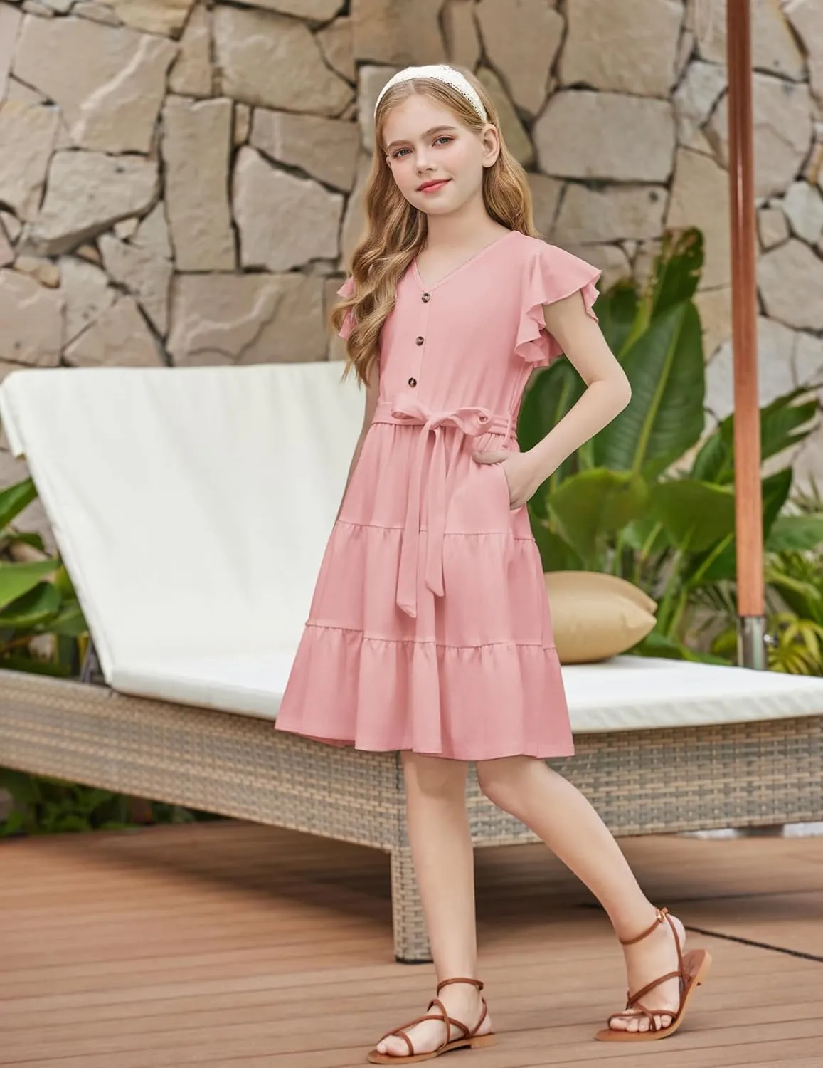 Arshiner Girls Dress Short Sleeve Summer V Neck Button Removable Belt Dresses with Pockets 5-12 Y