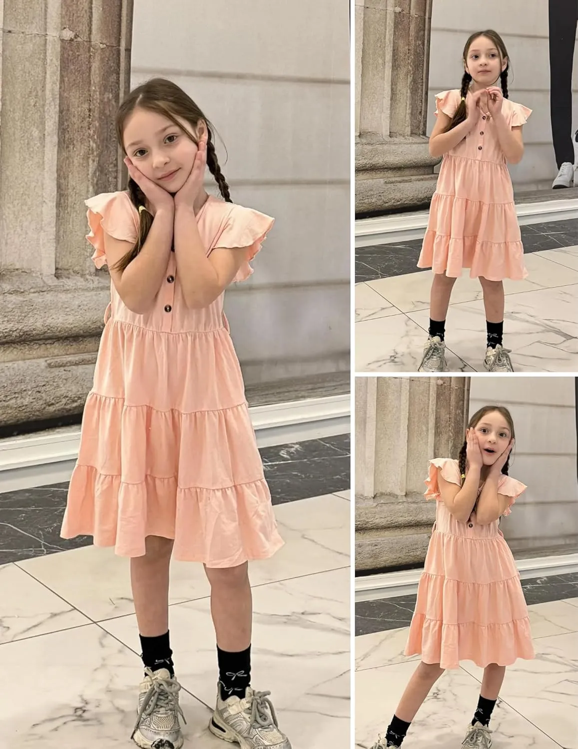 Arshiner Girls Dress Short Sleeve Summer V Neck Button Removable Belt Dresses with Pockets 5-12 Y