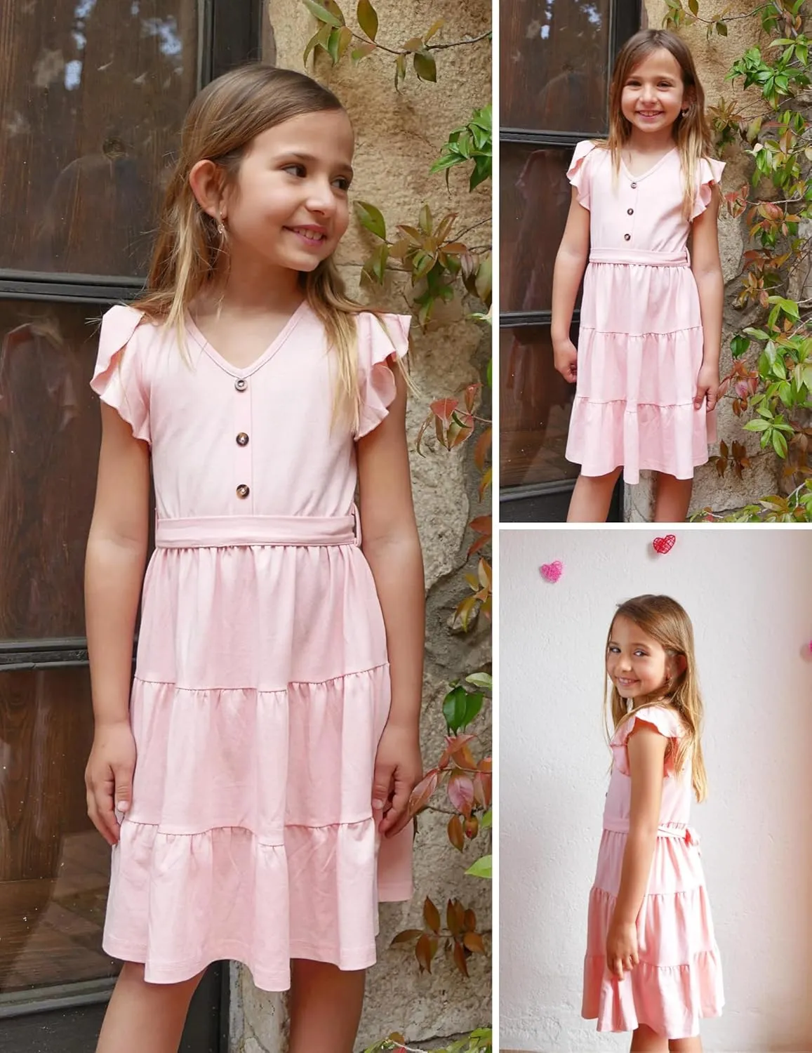 Arshiner Girls Dress Short Sleeve Summer V Neck Button Removable Belt Dresses with Pockets 5-12 Y