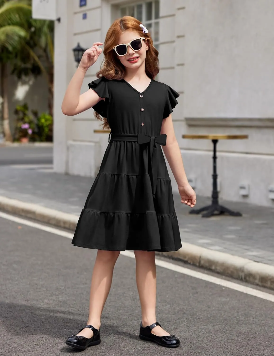 Arshiner Girls Dress Short Sleeve Summer V Neck Button Removable Belt Dresses with Pockets 5-12 Y