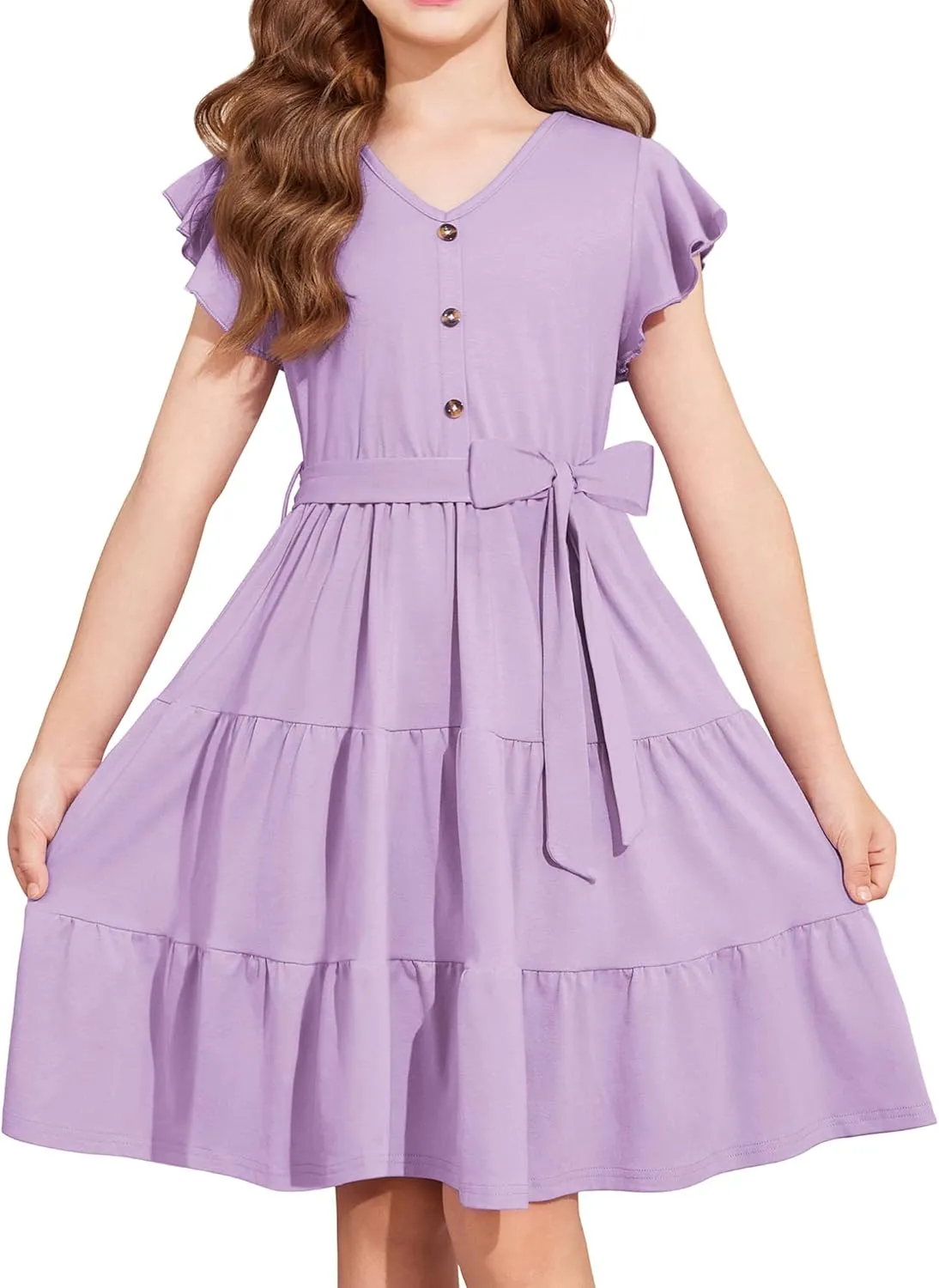 Arshiner Girls Dress Short Sleeve Summer V Neck Button Removable Belt Dresses with Pockets 5-12 Y