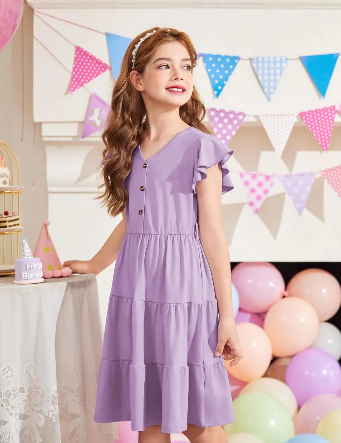 Arshiner Girls Dress Short Sleeve Summer V Neck Button Removable Belt Dresses with Pockets 5-12 Y