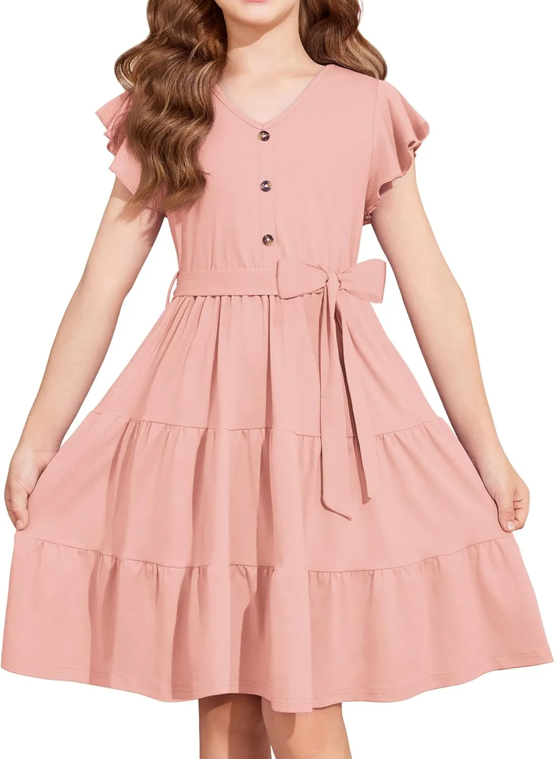 Arshiner Girls Dress Short Sleeve Summer V Neck Button Removable Belt Dresses with Pockets 5-12 Y