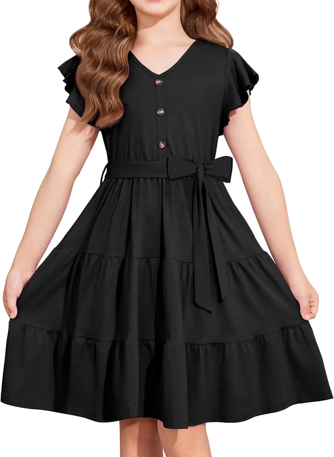 Arshiner Girls Dress Short Sleeve Summer V Neck Button Removable Belt Dresses with Pockets 5-12 Y