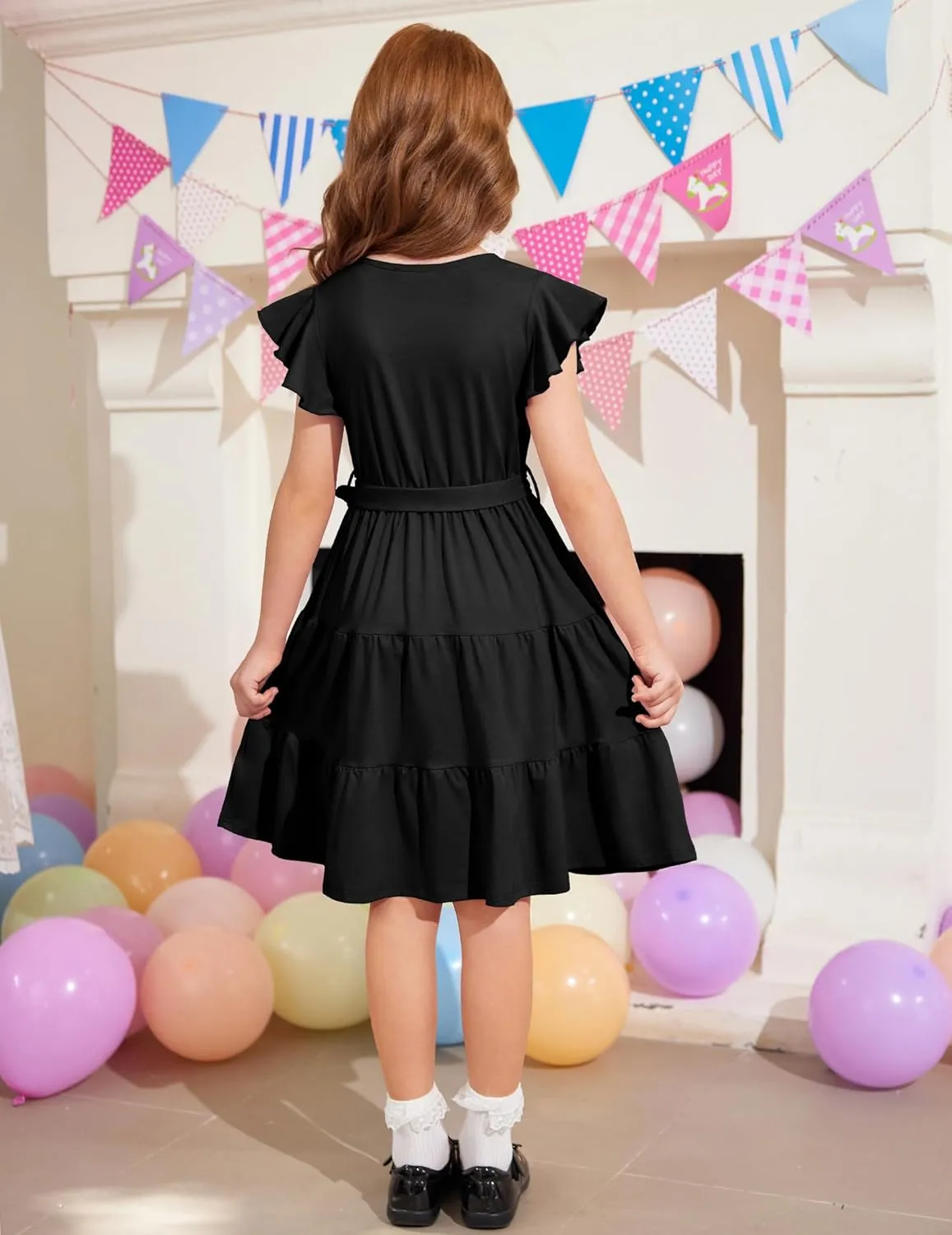 Arshiner Girls Dress Short Sleeve Summer V Neck Button Removable Belt Dresses with Pockets 5-12 Y