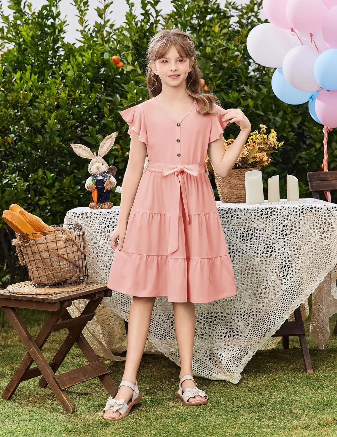 Arshiner Girls Dress Short Sleeve Summer V Neck Button Removable Belt Dresses with Pockets 5-12 Y