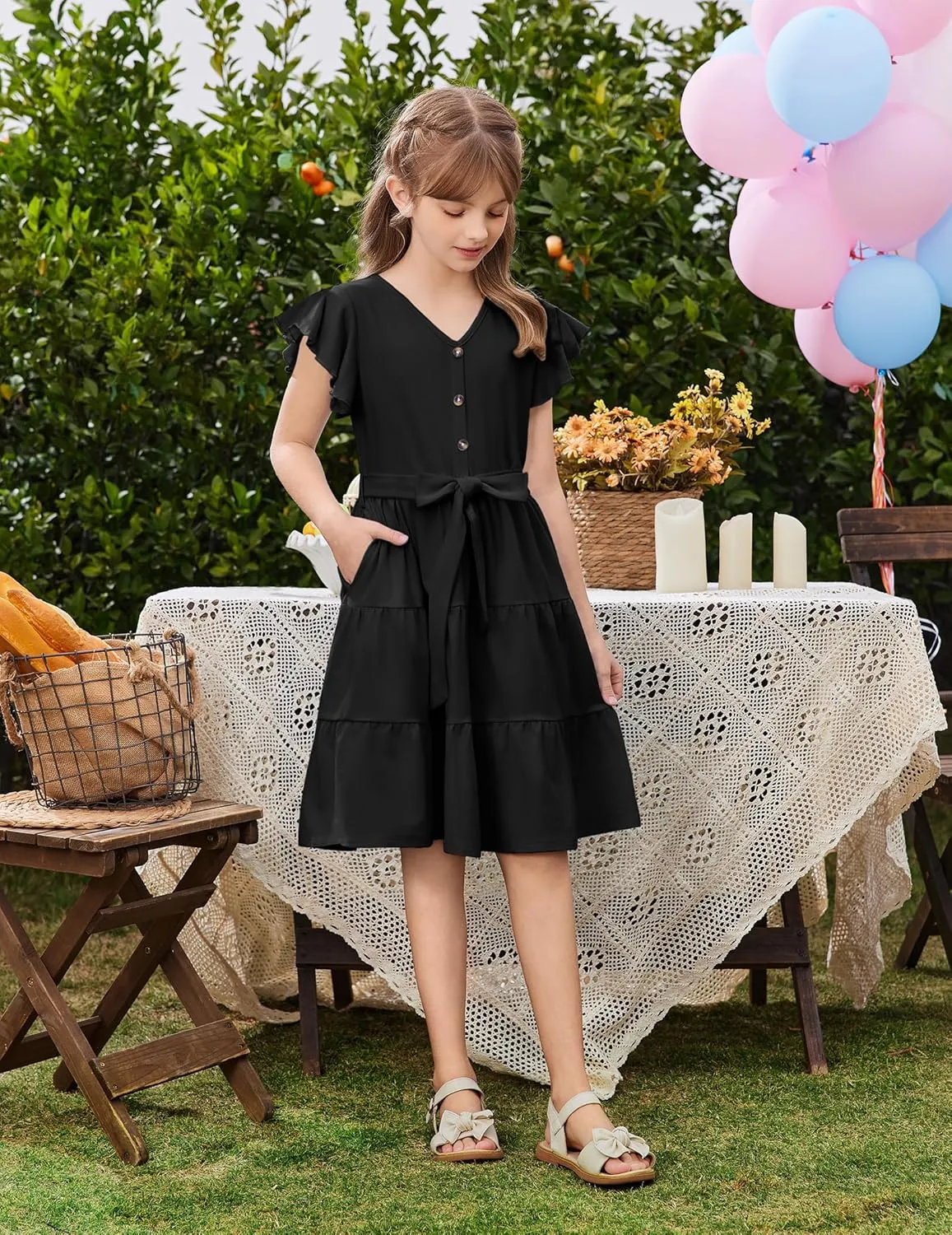 Arshiner Girls Dress Short Sleeve Summer V Neck Button Removable Belt Dresses with Pockets 5-12 Y