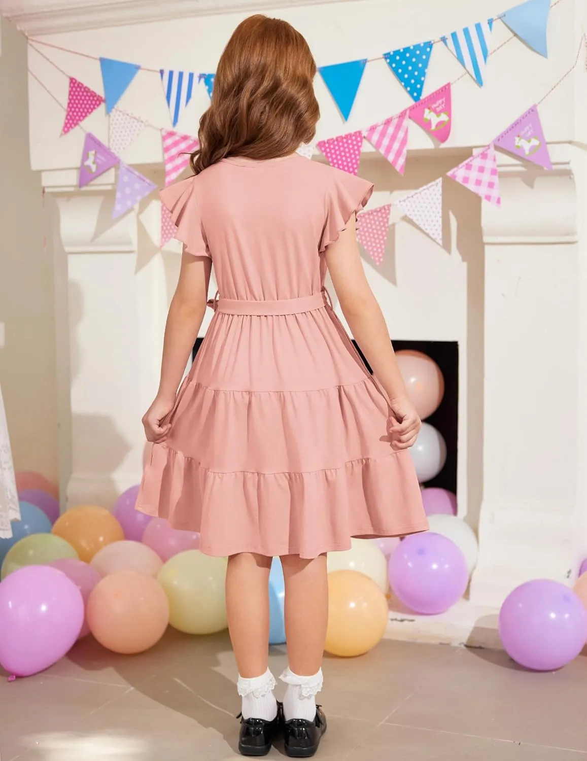 Arshiner Girls Dress Short Sleeve Summer V Neck Button Removable Belt Dresses with Pockets 5-12 Y