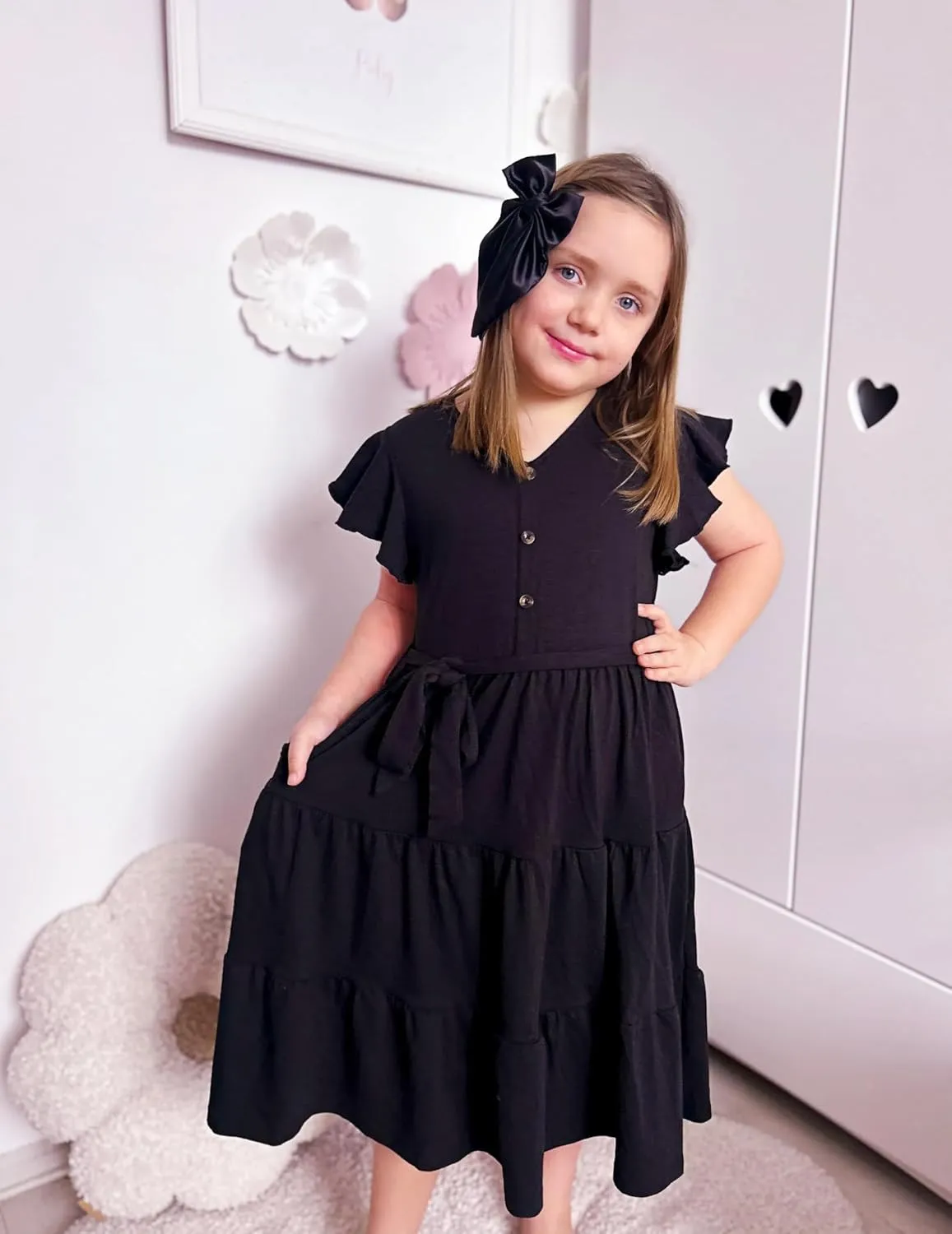 Arshiner Girls Dress Short Sleeve Summer V Neck Button Removable Belt Dresses with Pockets 5-12 Y