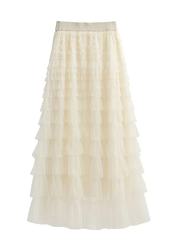 Art Beige Elastic Waist Tulle Maxi Cake Skirts Summer TY1087